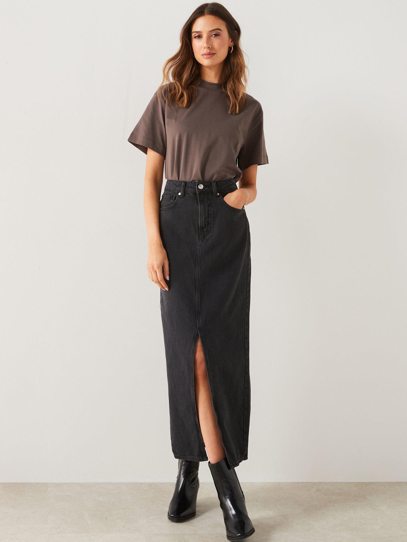 Black denim midi skirt best sale