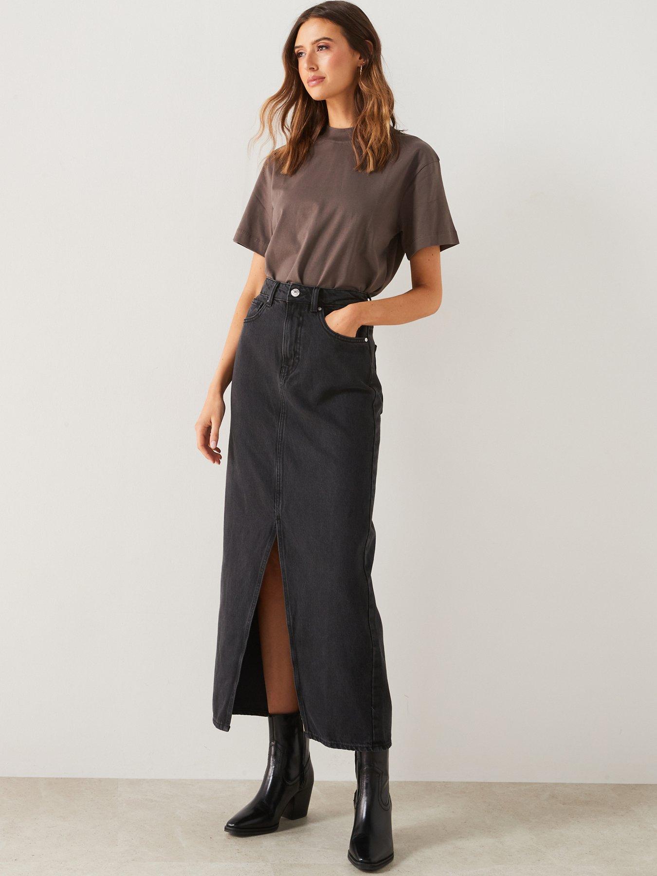 Mango Slit Denim Midi Skirt Black Very