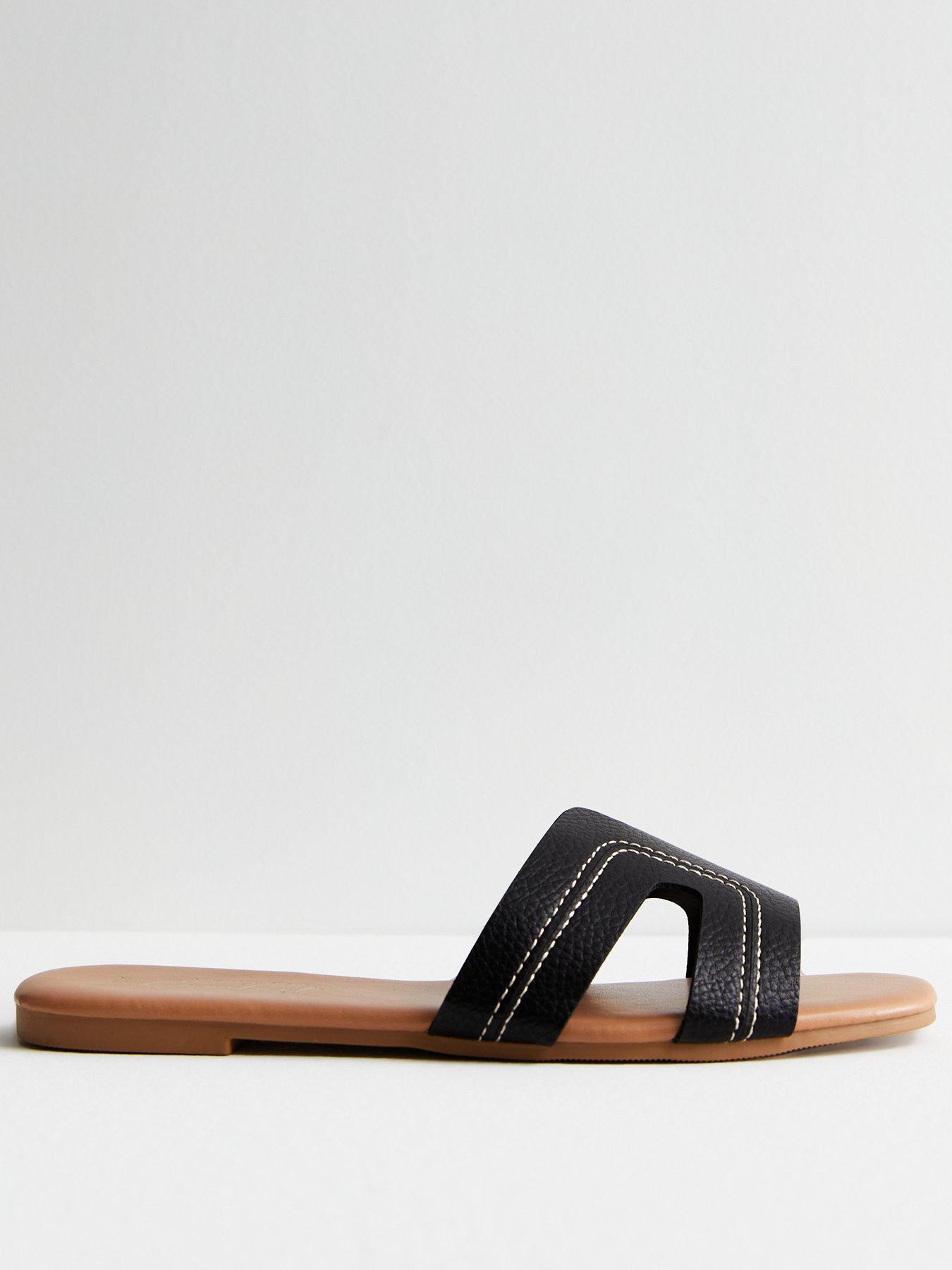 New Look Wide Fit Black Leather-Look Mule Sliders