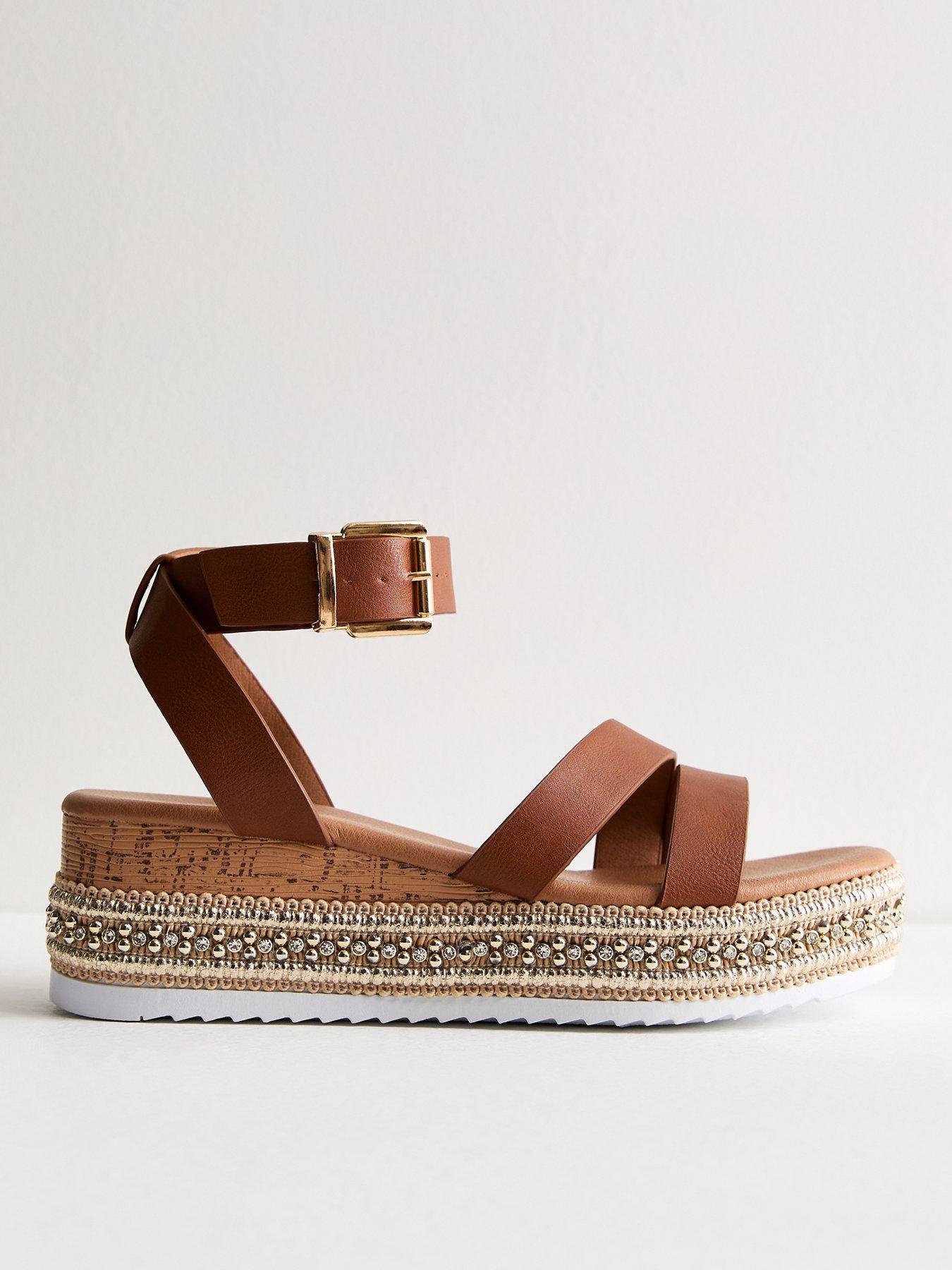 Tan Leather look Embellished Flatform Sandals