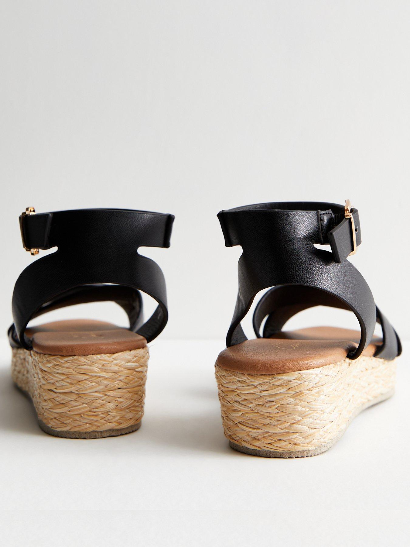 Black Leather look 2 Part Flatform Espadrille Sandals