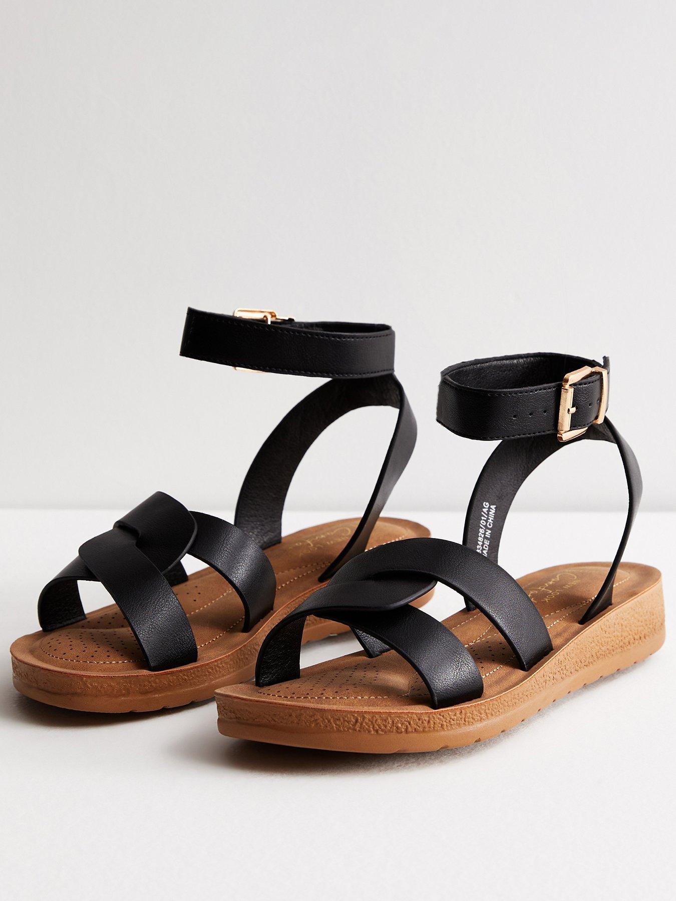 Wide Fit Black Leather Look 2 Part Footbed Sandals