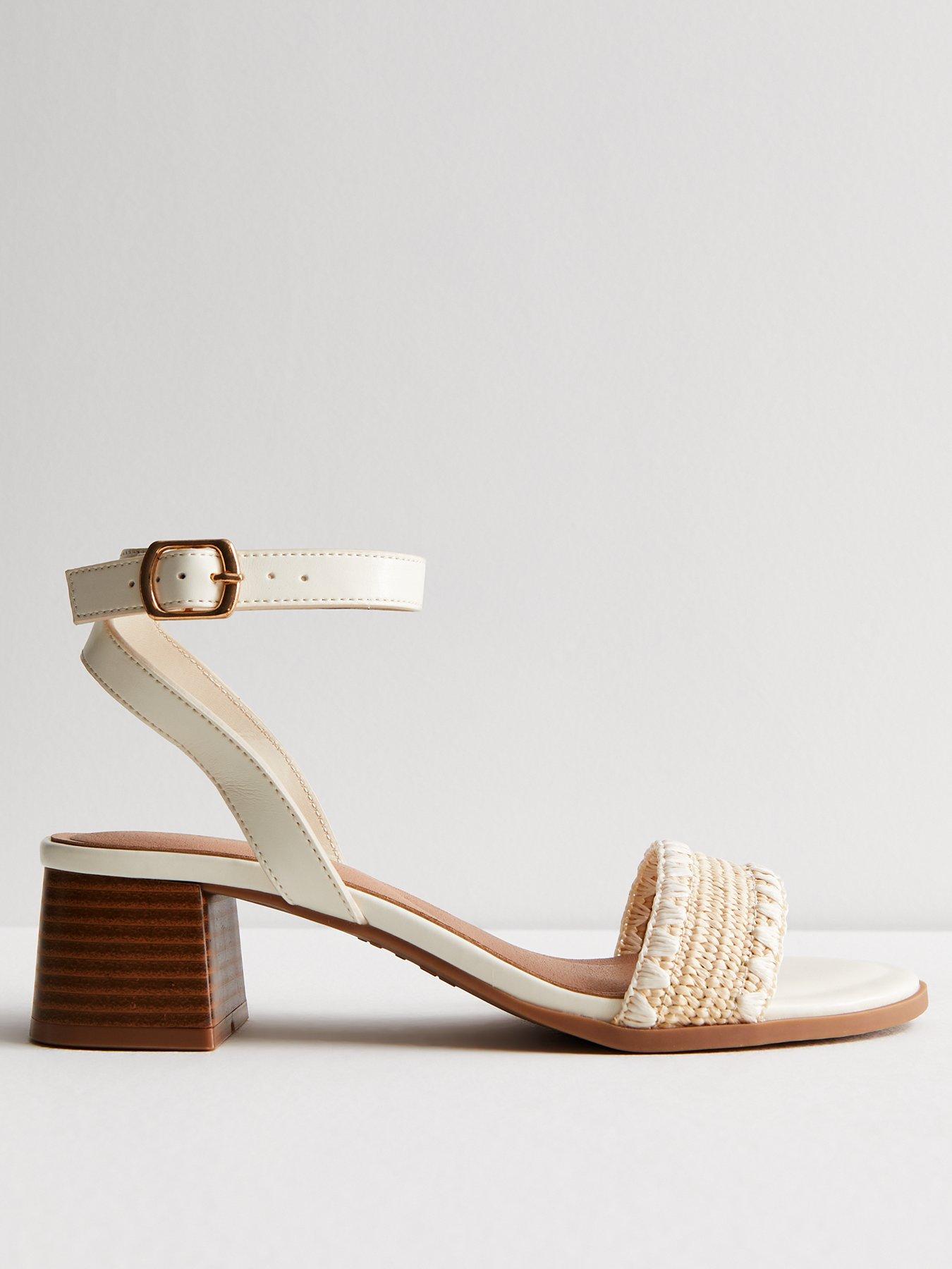 White Raffia 2 Part Block Heel Sandals