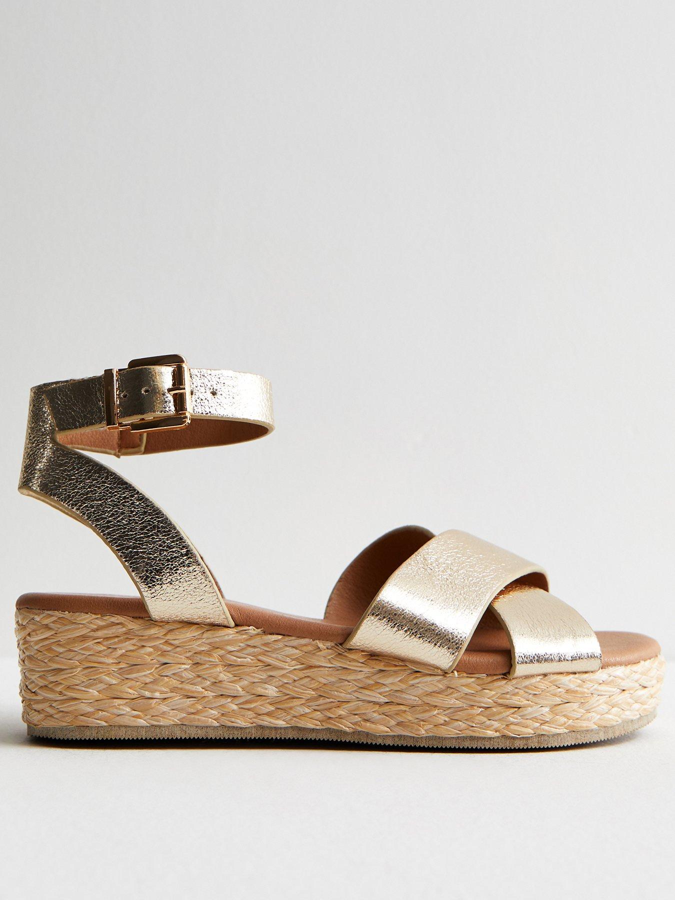 Gold Leather look 2 Part Flatform Espadrille Sandals