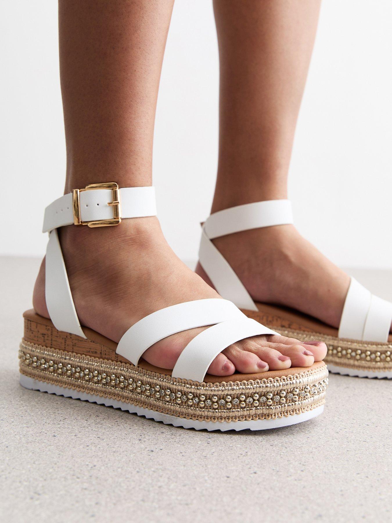 White Leather look Embellished Flatform Sandals