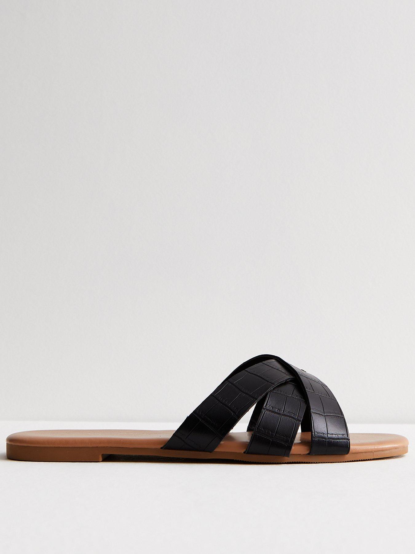 New Look Wide Fit Black Leather-Look Mule Sliders