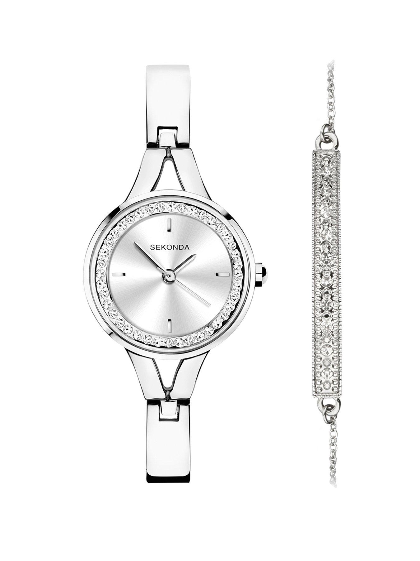 Gift Set Womens 24mm Analogue Watch with Stone Set Silver Dial Silver Alloy Semi Bangle Bracelet and Matching Stone Set Bracelet