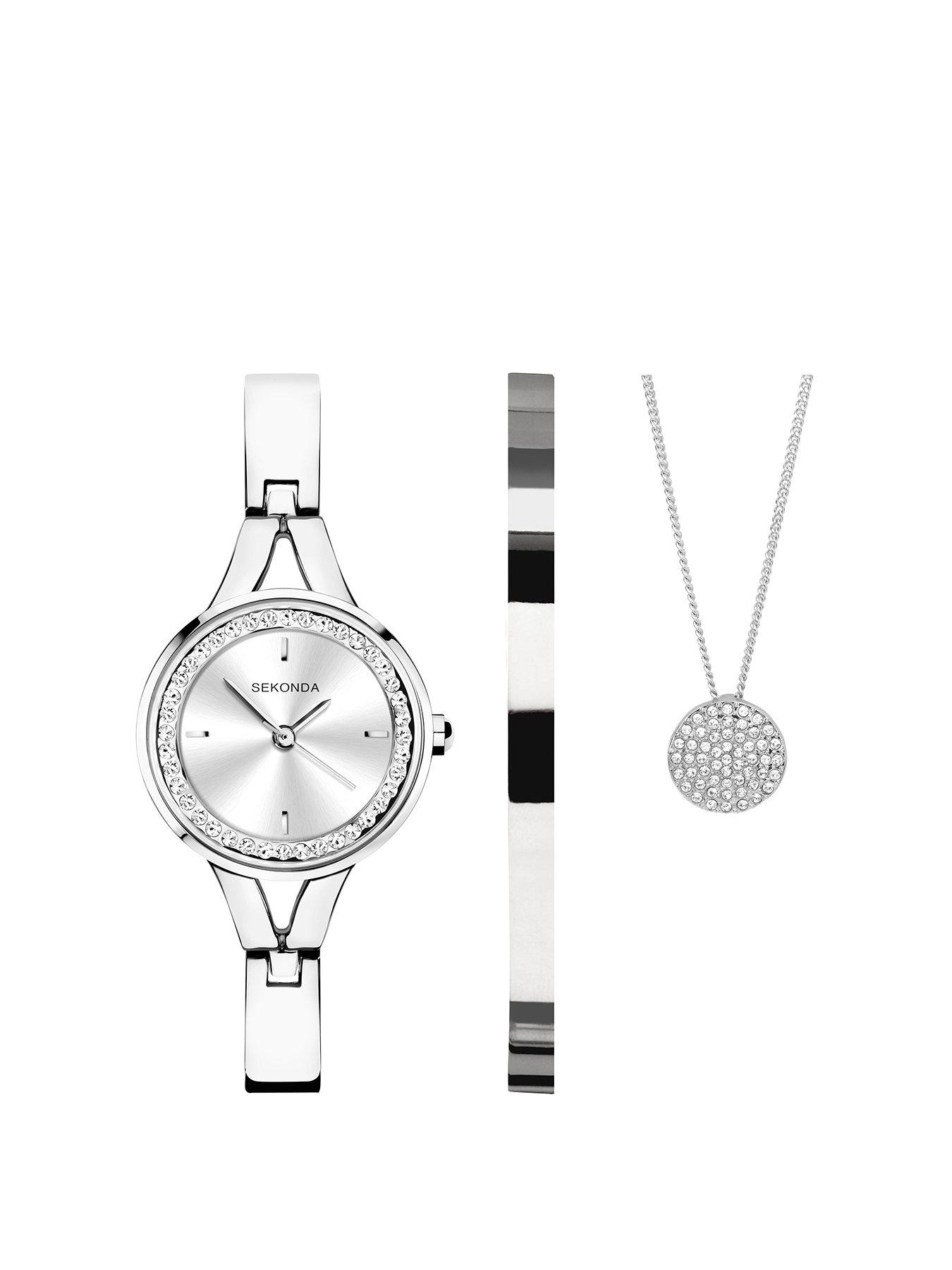 Product photograph of Sekonda Gift Set Womens 24mm Analogue Watch With Stone Set Silver Dial Silver Alloy Semi-bangle Bracelet Matching Stone Set Pendant And Bangle from very.co.uk