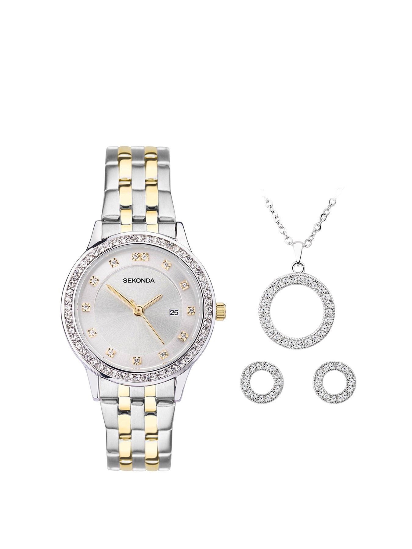 Product photograph of Sekonda Gift Set Womens 29mm Analogue Watch With Two Tone Stone Set Silver Dial Two Tone Stainless Steel Bracelet Matching Pendant And Earrings from very.co.uk