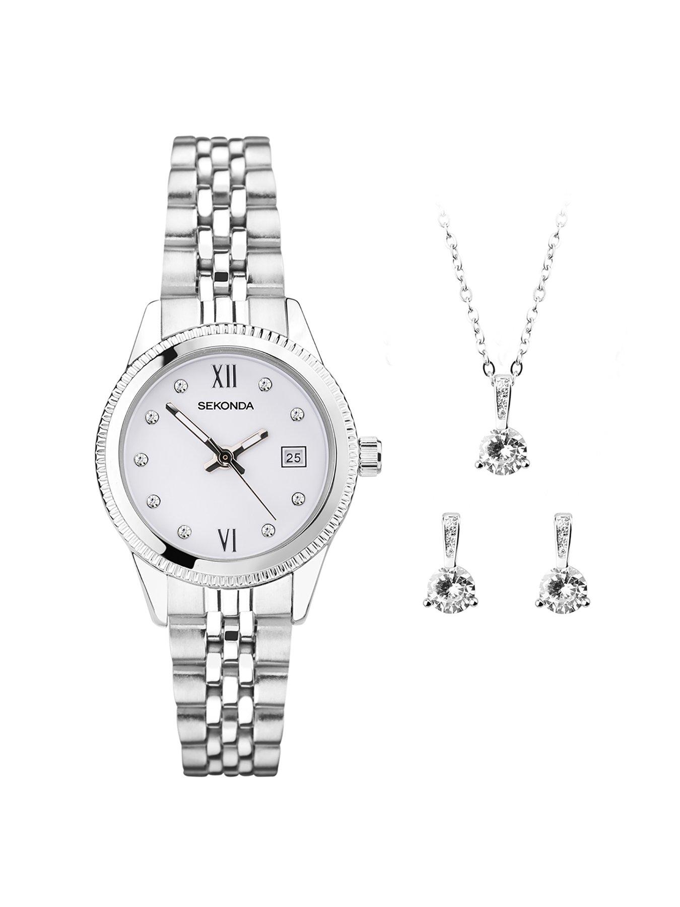 Product photograph of Sekonda Gift Set Womens 26mm Analogue Watch With Silver Stone Set White Dial Silver Stainless Steel Bracelet Matching Stone Set Pendant And Earrings from very.co.uk