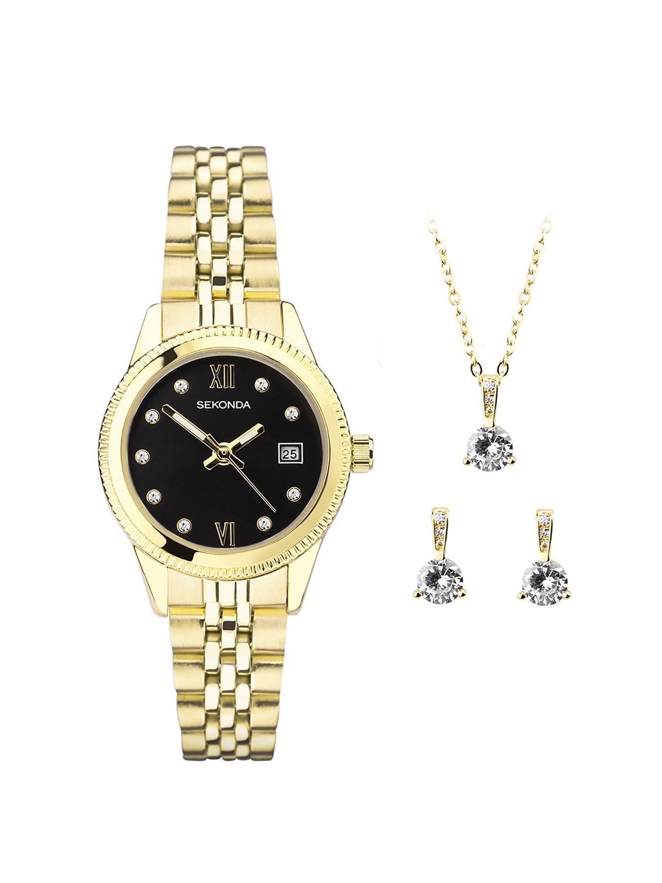 Sekonda Gift Set Womens 26mm Analogue Watch with Yellow Gold Stone Set Black Dial, Yellow Gold Stainless Steel Bracelet Matching Pendant and Earrings