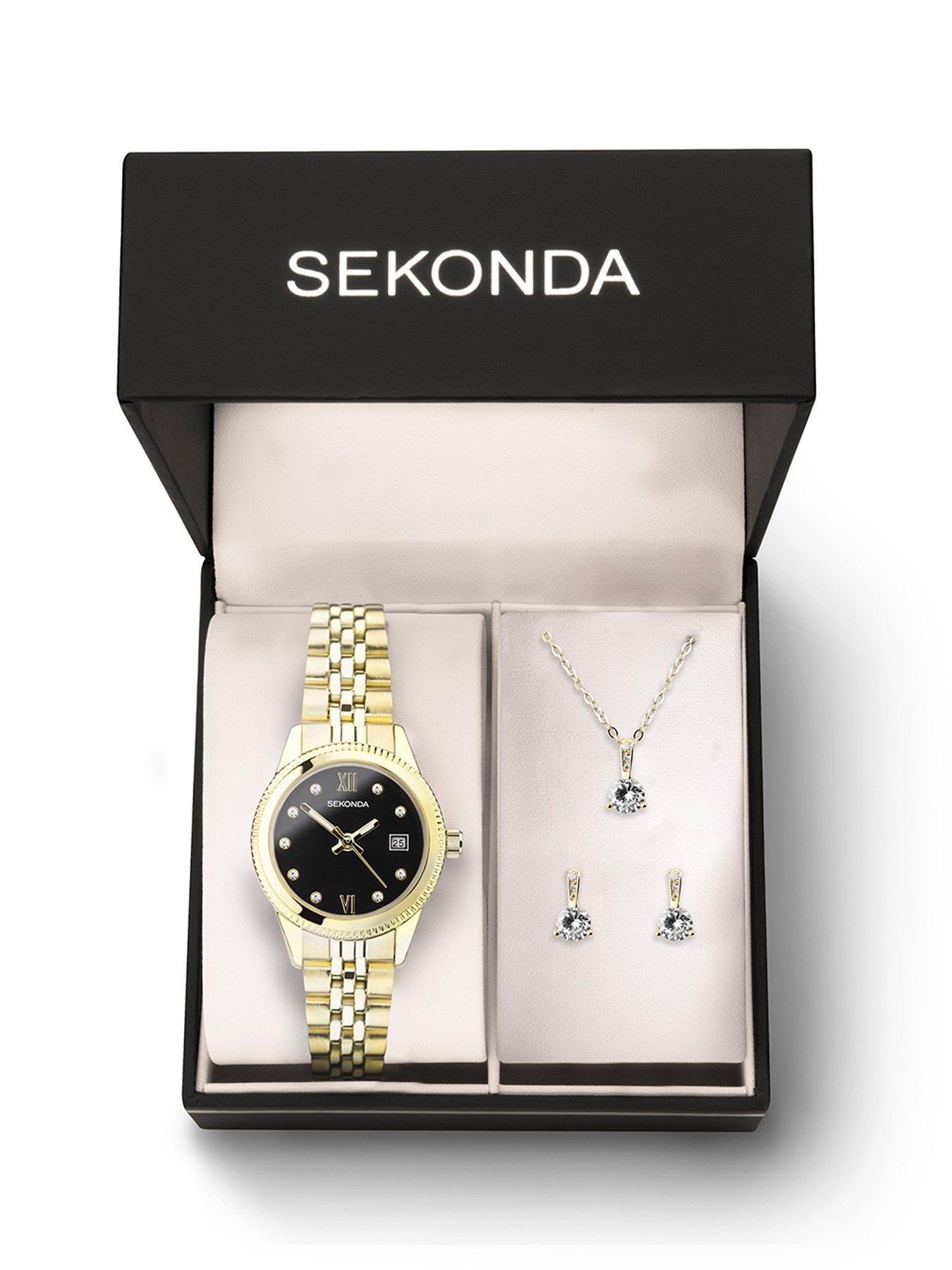Image 6 of 6 of Sekonda Gift Set Womens 26mm Analogue Watch with Yellow Gold Stone Set Black Dial, Yellow Gold Stainless Steel Bracelet Matching Pendant and Earrings