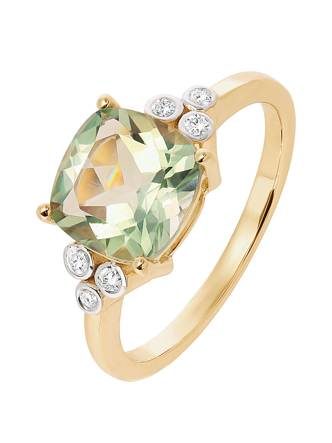 Product photograph of Love Gem 9ct Yellow Gold 8mm Cushion Cut Green Amethyst And Natural Diamond Ring from very.co.uk