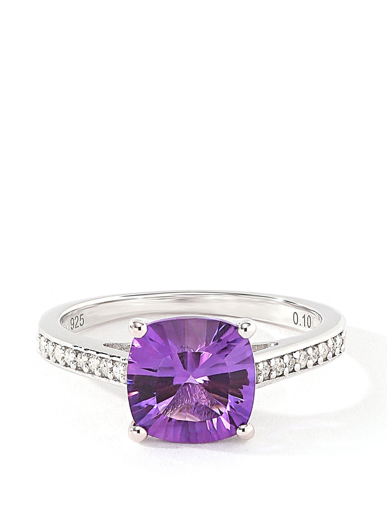 Product photograph of Love Gem Sterling Silver 8mm Cushion Cut Amethyst And 0 10ct Natural Diamond Ring from very.co.uk