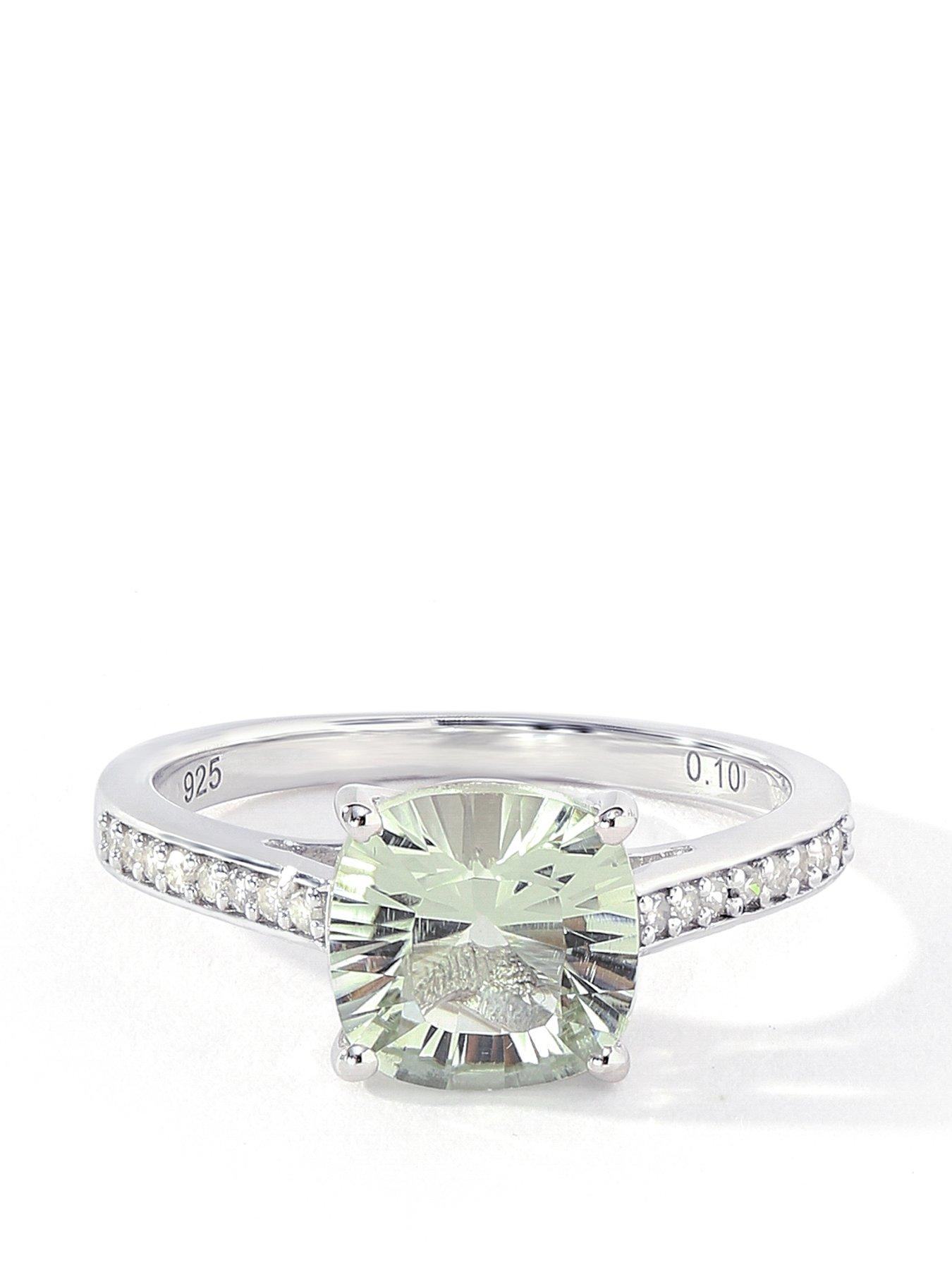Product photograph of Love Gem Sterling Silver 8mm Cushion Cut Green Amethyst And 0 10ct Natural Diamond Ring from very.co.uk