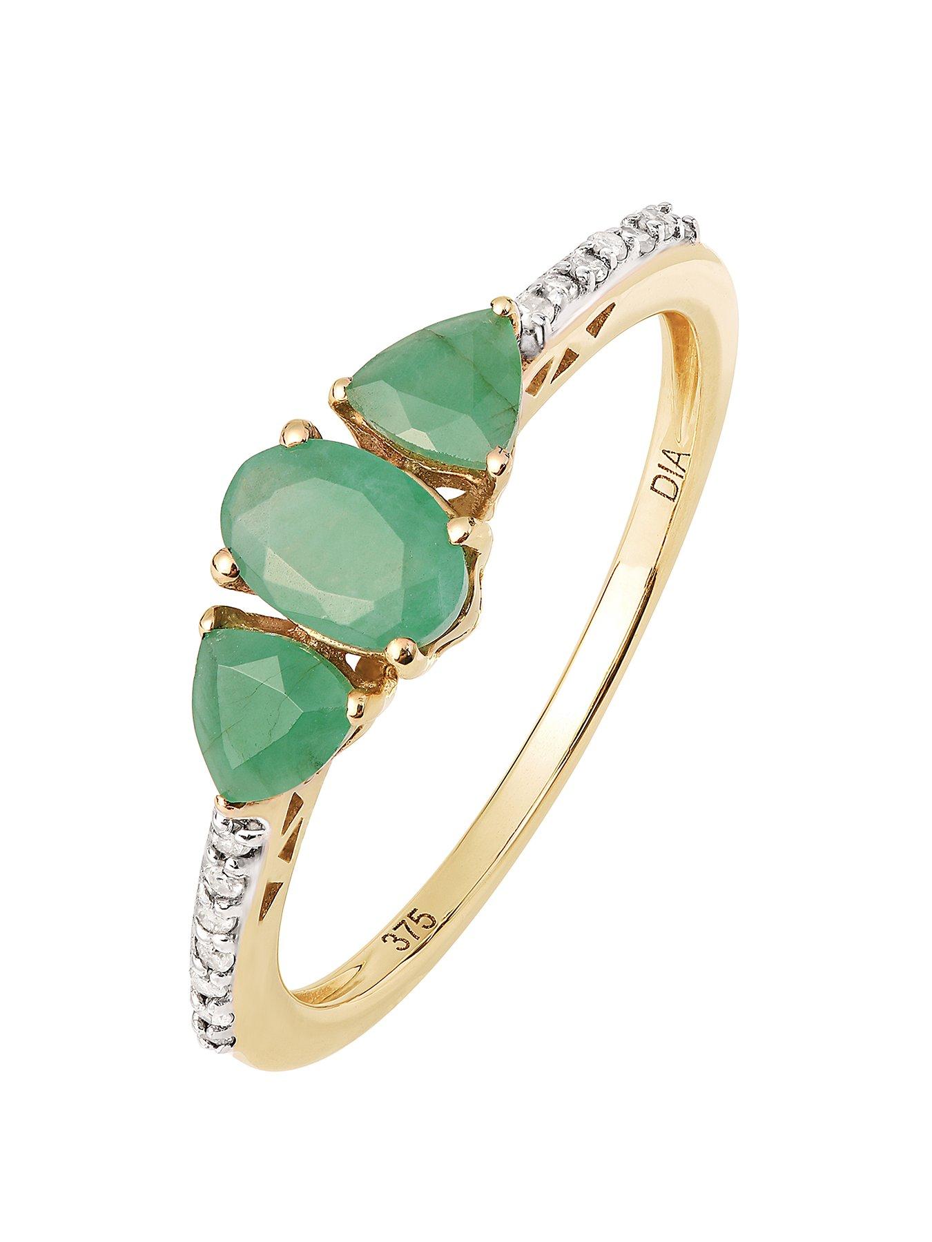 Product photograph of Love Gem 9ct Yellow Gold Natural Emerald And Diamond Trilogy Ring from very.co.uk