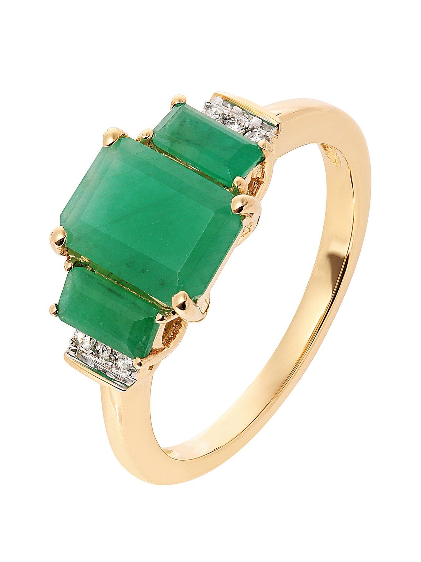 Product photograph of Love Gem 9ct Yellow Gold Octagon Natural Emerald And Diamond Trilogy Ring from very.co.uk