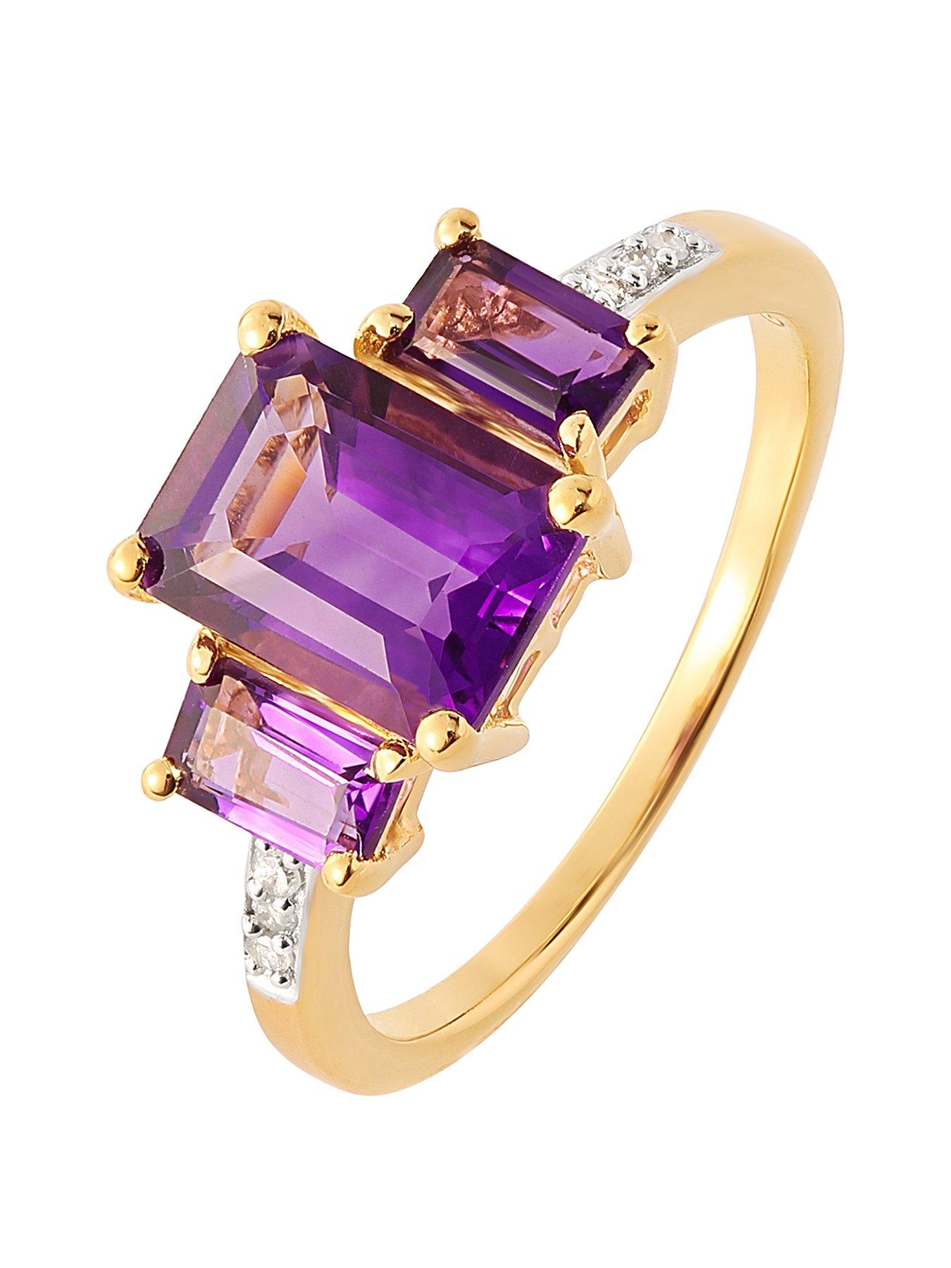 Product photograph of Love Gem Gold Plated Sterling Silver Octagon Natural Amethyst And Natural Diamond Trilogy Ring from very.co.uk