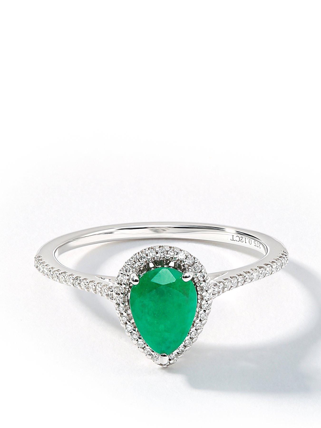 Product photograph of Love Gem 9ct White Gold 7x5 Pear Natural Emerald And 0 14ct Diamond Halo Ring from very.co.uk