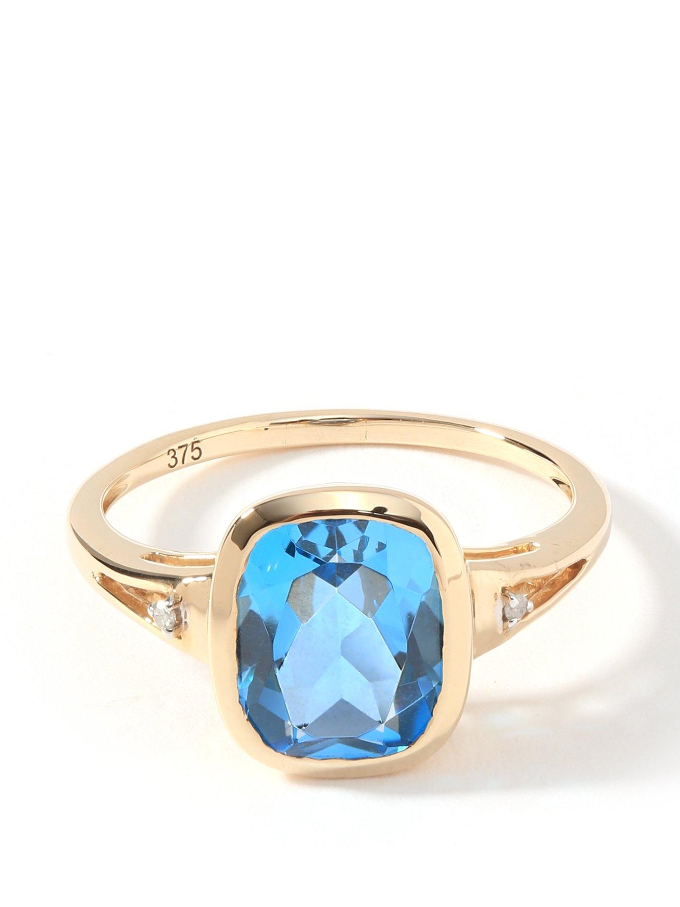 Product photograph of Love Gem 9ct Yellow Gold 10x8 Cushion Cut Swiss Blue Topaz And Natural Diamond Ring from very.co.uk