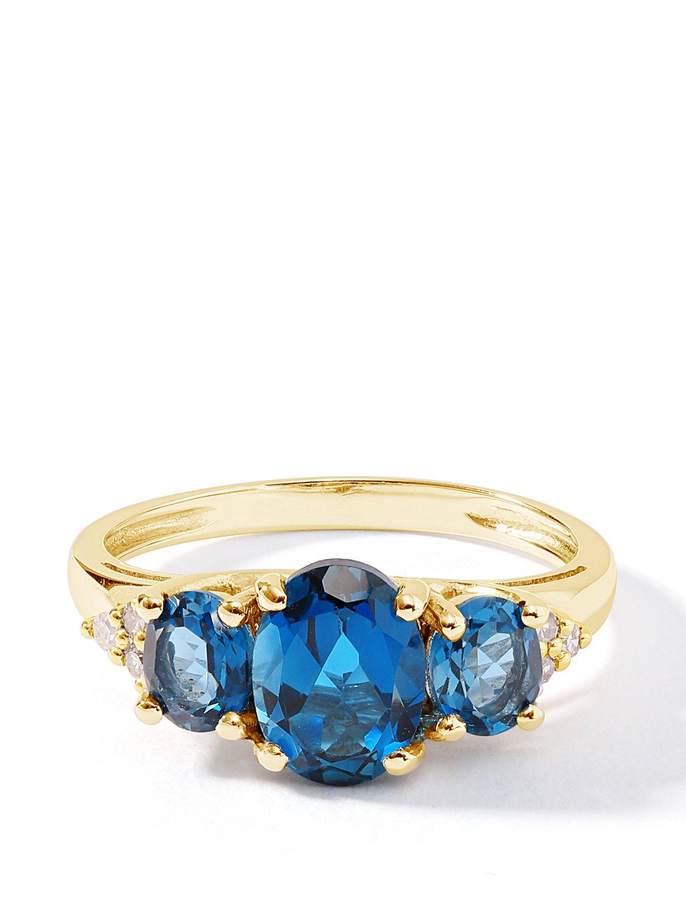 Product photograph of Love Gem 9ct Yellow Gold Natural London Blue Topaz And Diamond Trilogy Ring from very.co.uk