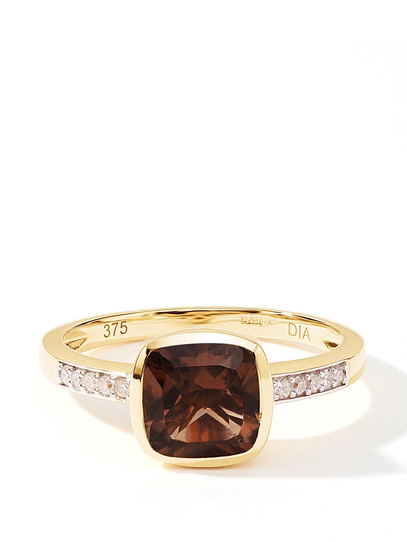 Product photograph of Love Gem 9ct Yellow Gold 7mm Cushion Cut Smoky Quartz And Natural Diamond Ring from very.co.uk