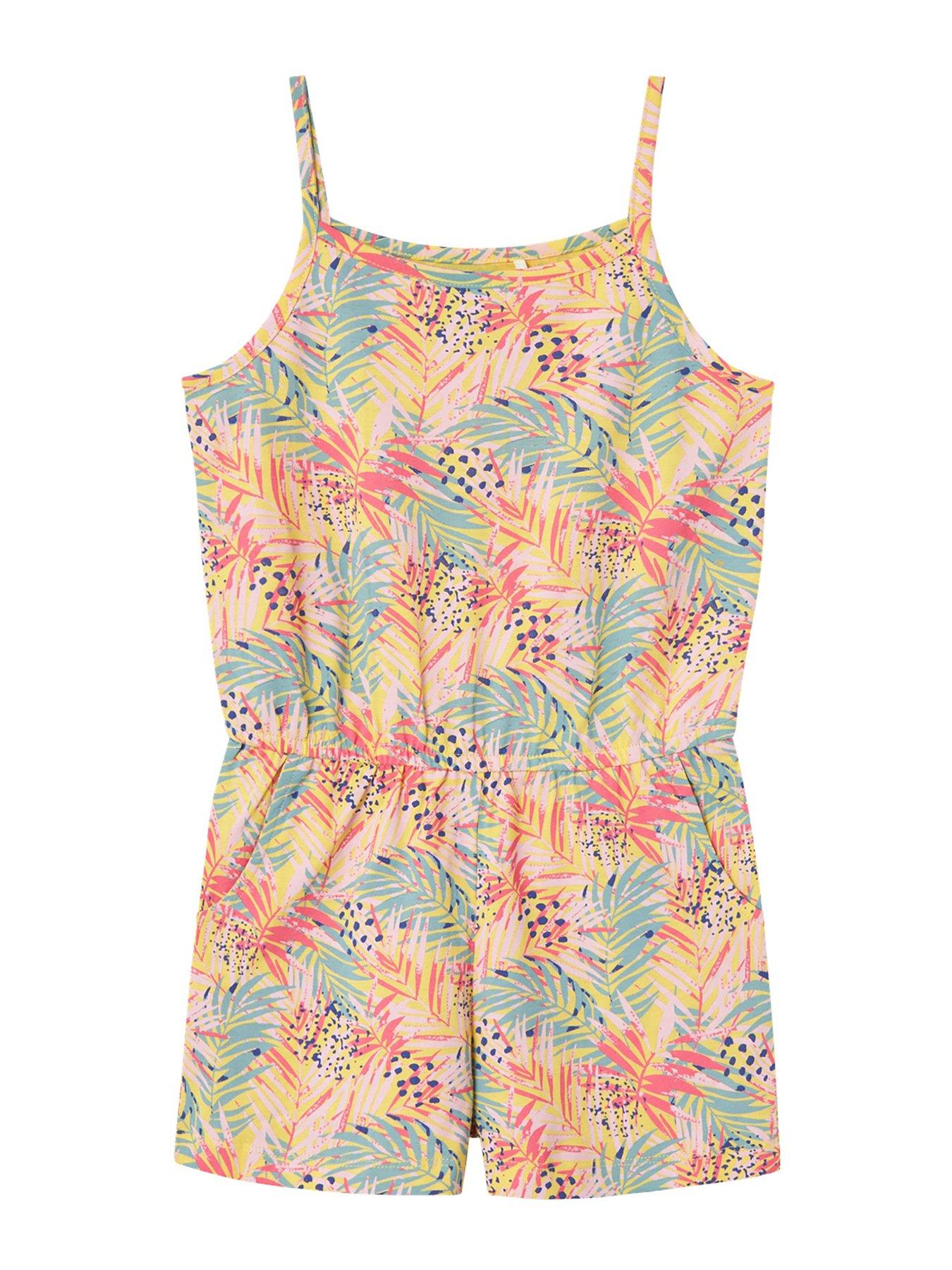 Image 1 of 3 of Name It Girls Vigga Jersey Leaf Print Playsuit - Yarrow
