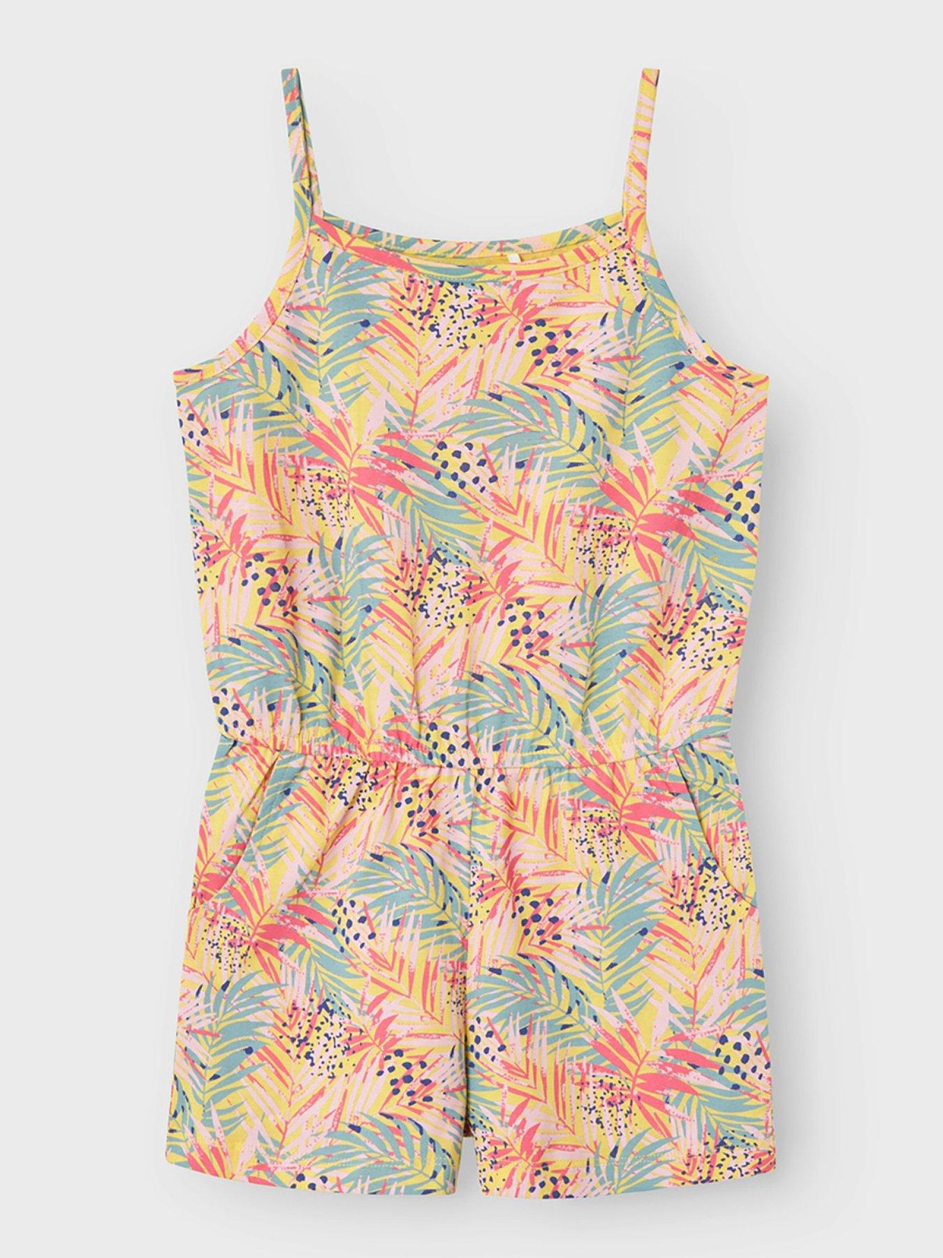 Image 2 of 3 of Name It Girls Vigga Jersey Leaf Print Playsuit - Yarrow