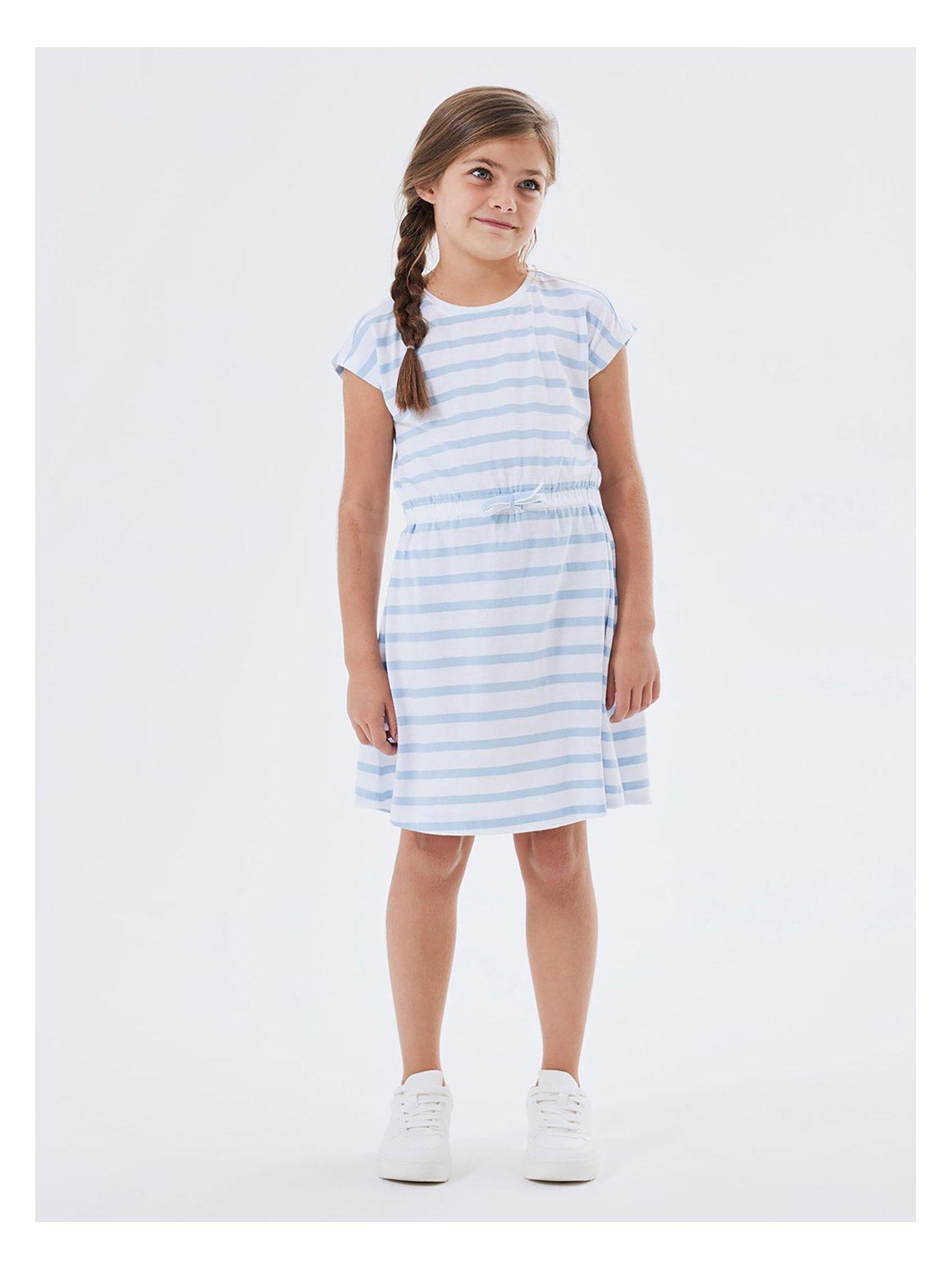 name it girls jersey stripe drawstring dress - chambray blue