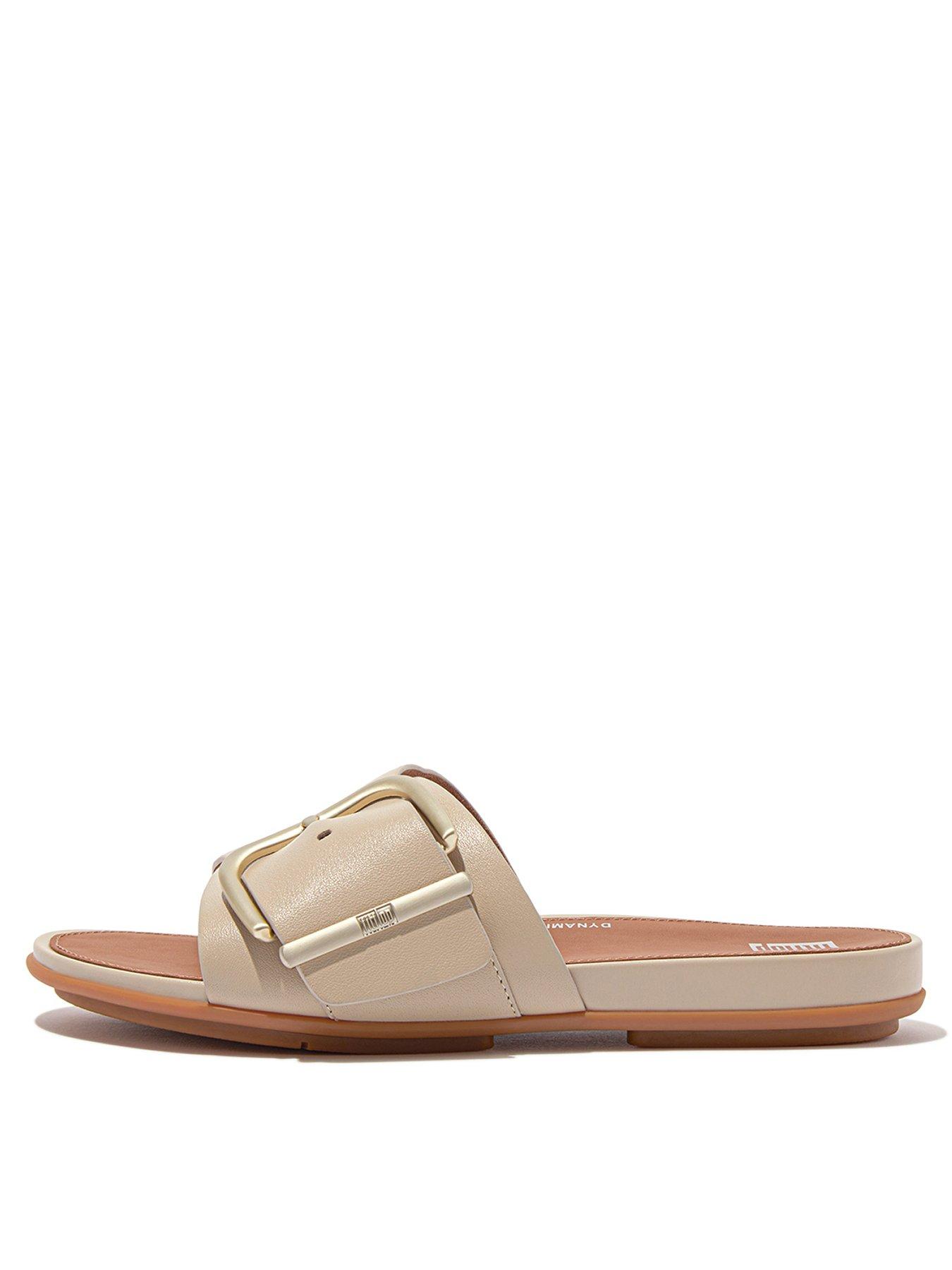 FitFlop Gracie Maxi-buckle Leather Slides - Stone Beige | Very.co.uk