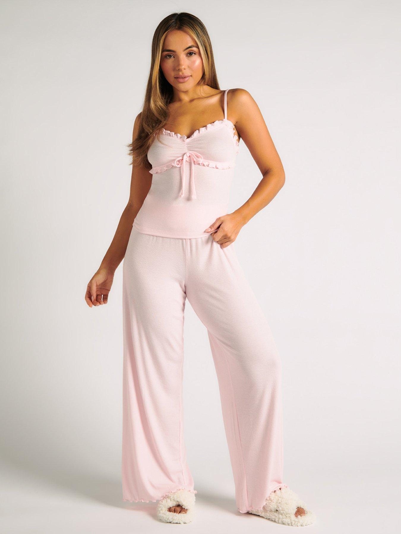 undefined Ribbed Frill Cami  &  Pant Pyjama Set - Pink