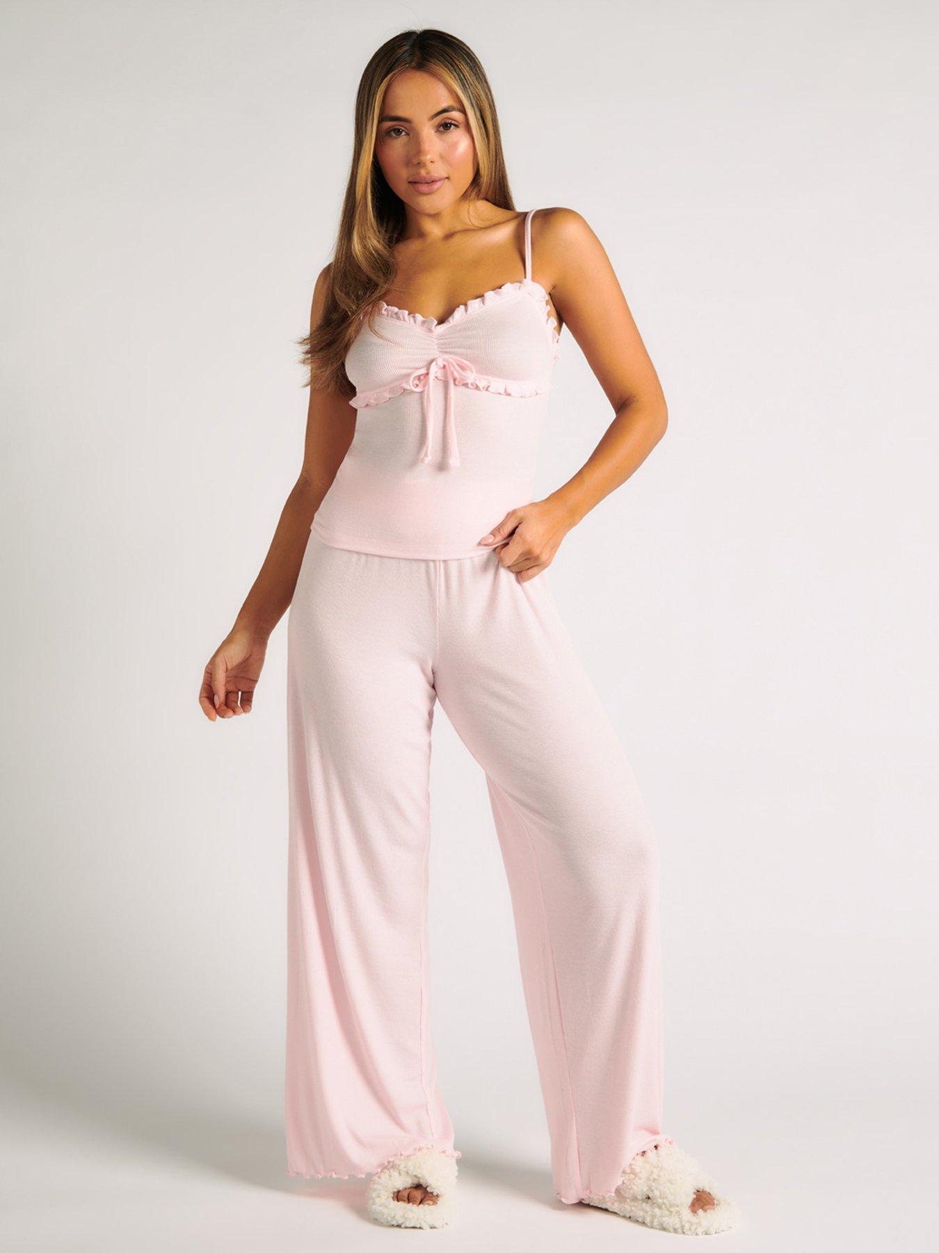 Boux Avenue Ribbed Frill Cami And Pant Pyjama Set Pink Uk