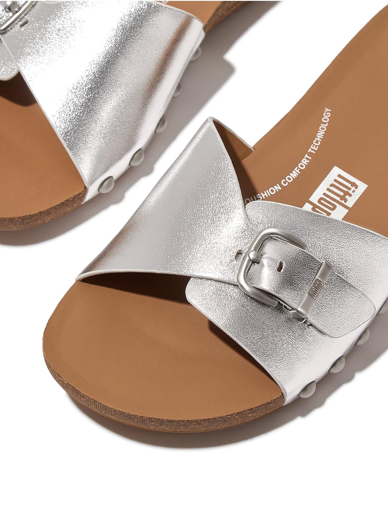 Iqushion Adjustable Buckle Metallic leather Slides Silver