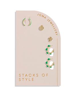joma jewellery stacks of style , green enamel , gold , set of earrings