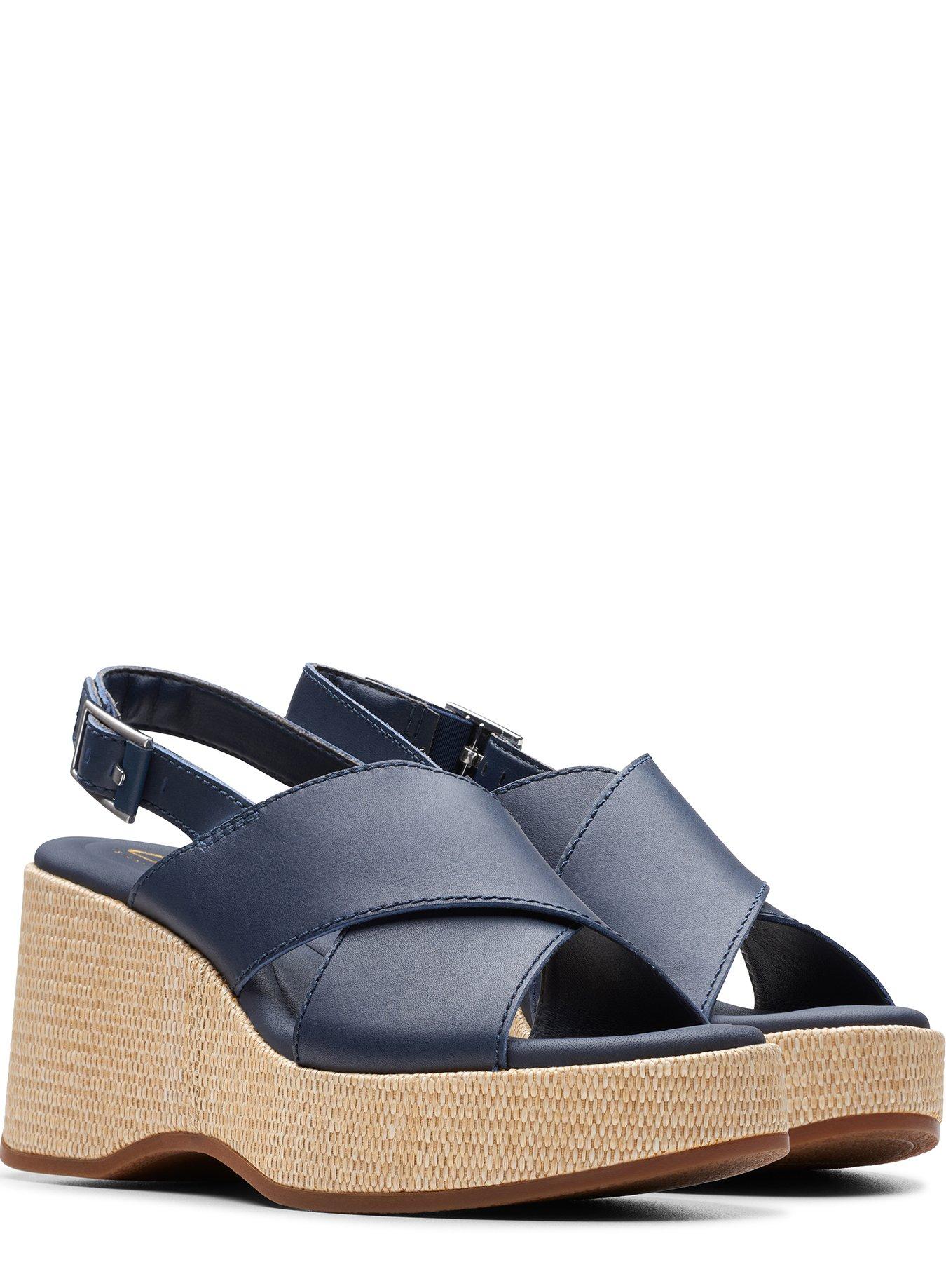 Clarks Manon Wish Leather Cross Front Wedge Sandals - Navy | Very.co.uk