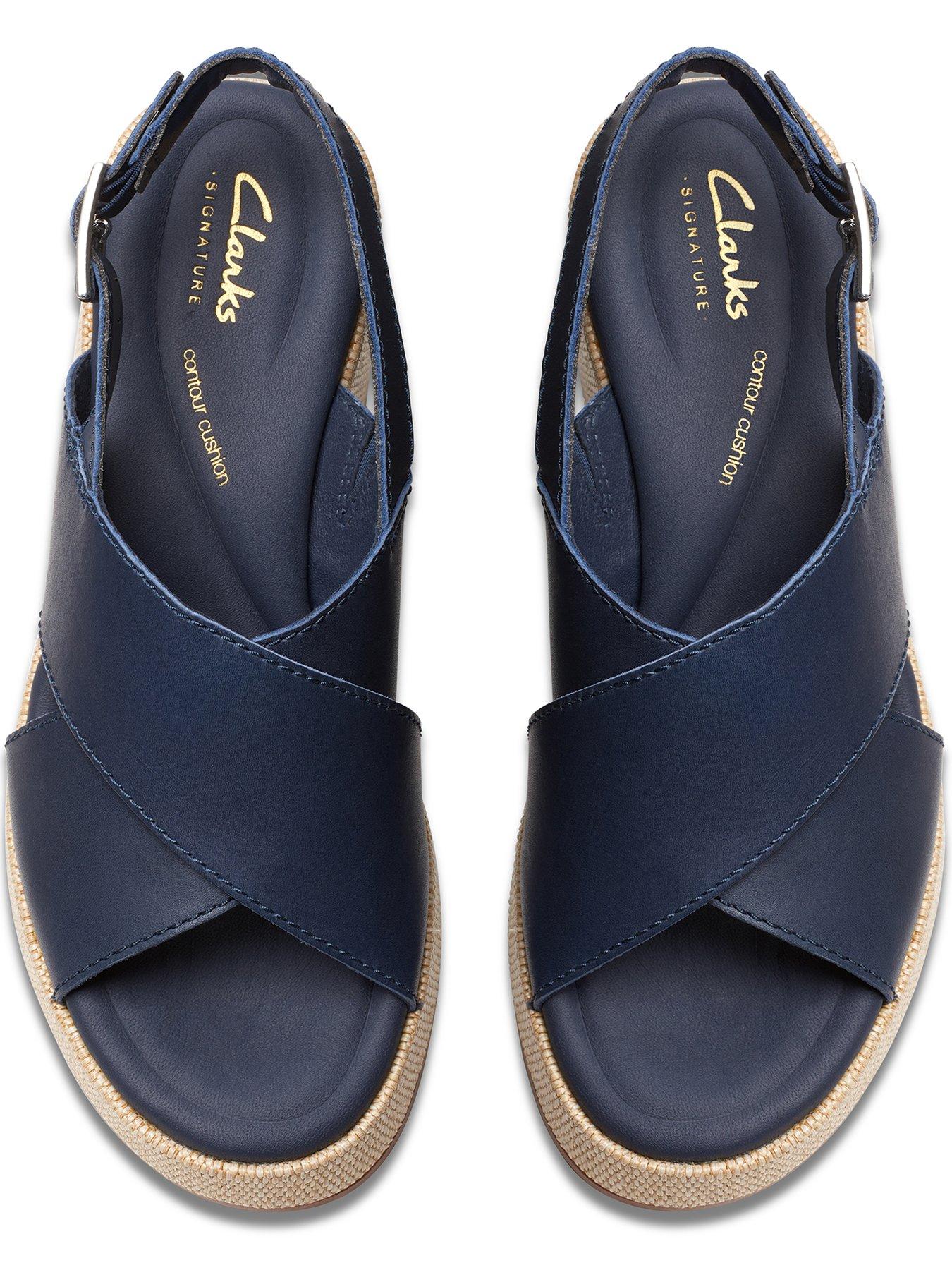 Clarks Manon Wish Leather Cross Front Wedge Sandals Navy Very