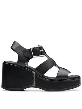 clarks manon cove leather chunky wedge sandals - black