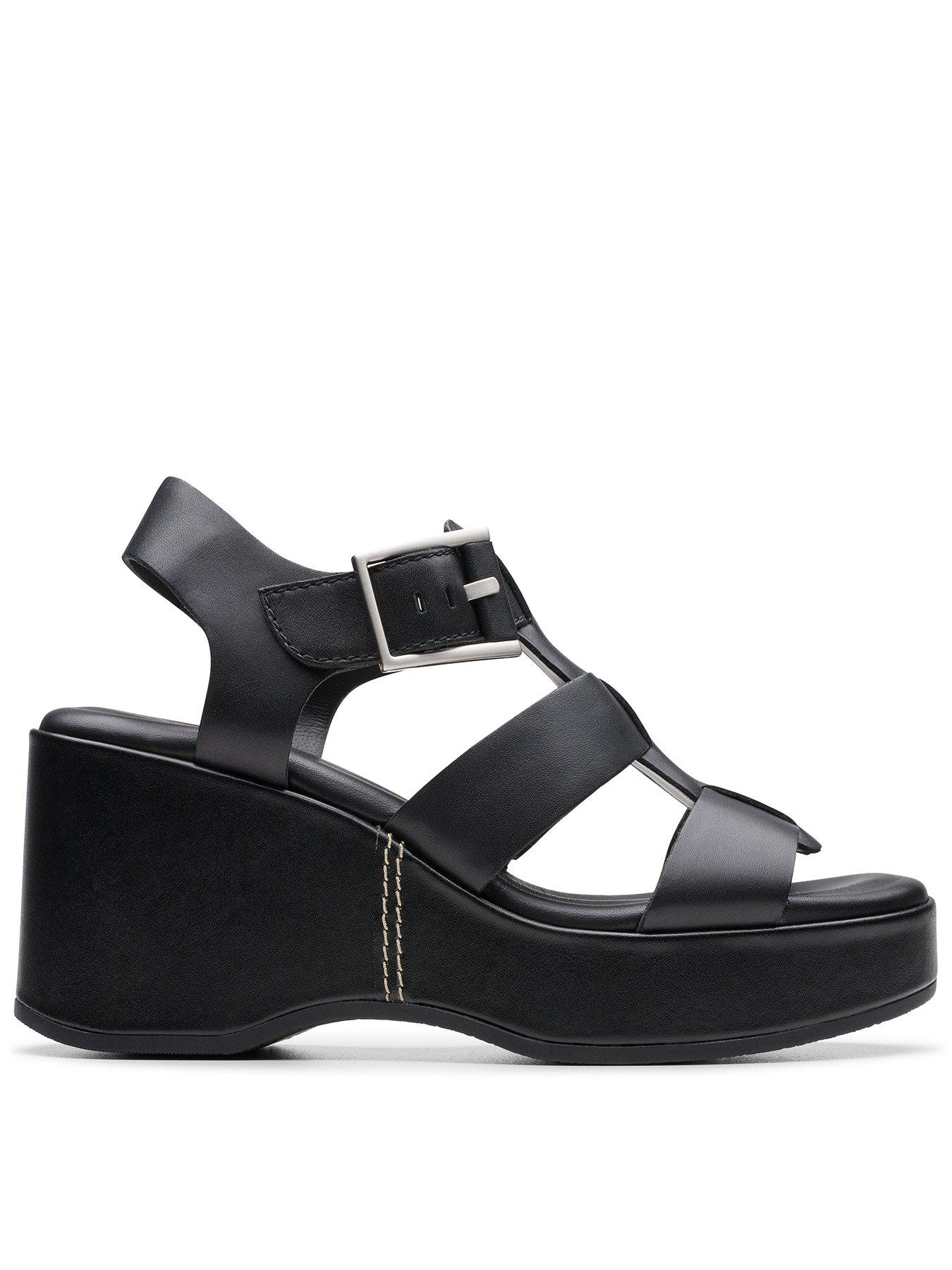 Clarks Manon Cove Leather Chunky Wedge Sandals Black Very