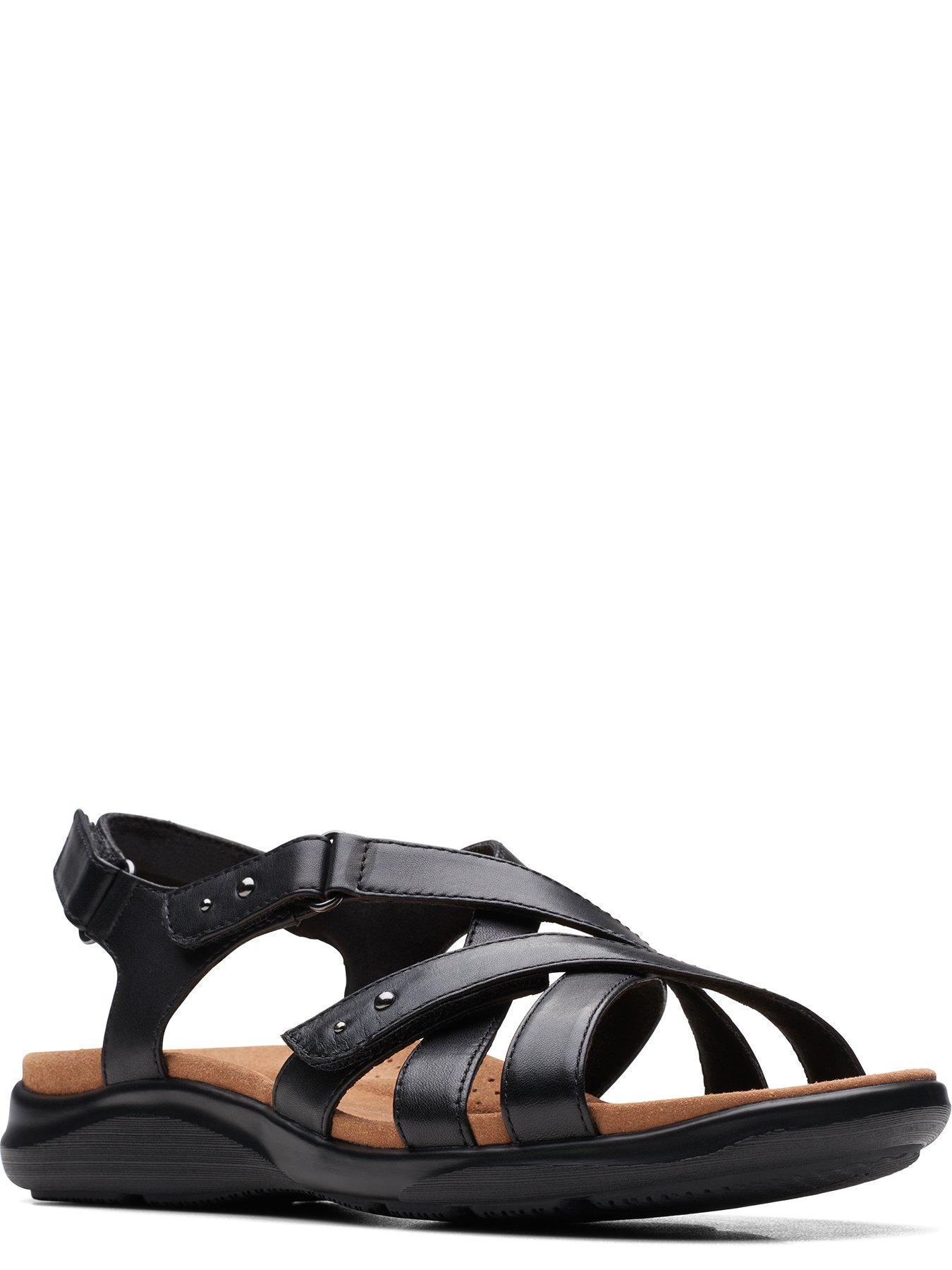 Clarks Kitly Go Wide Fitted Flat Leather Strappy Sandals - Black | Very ...