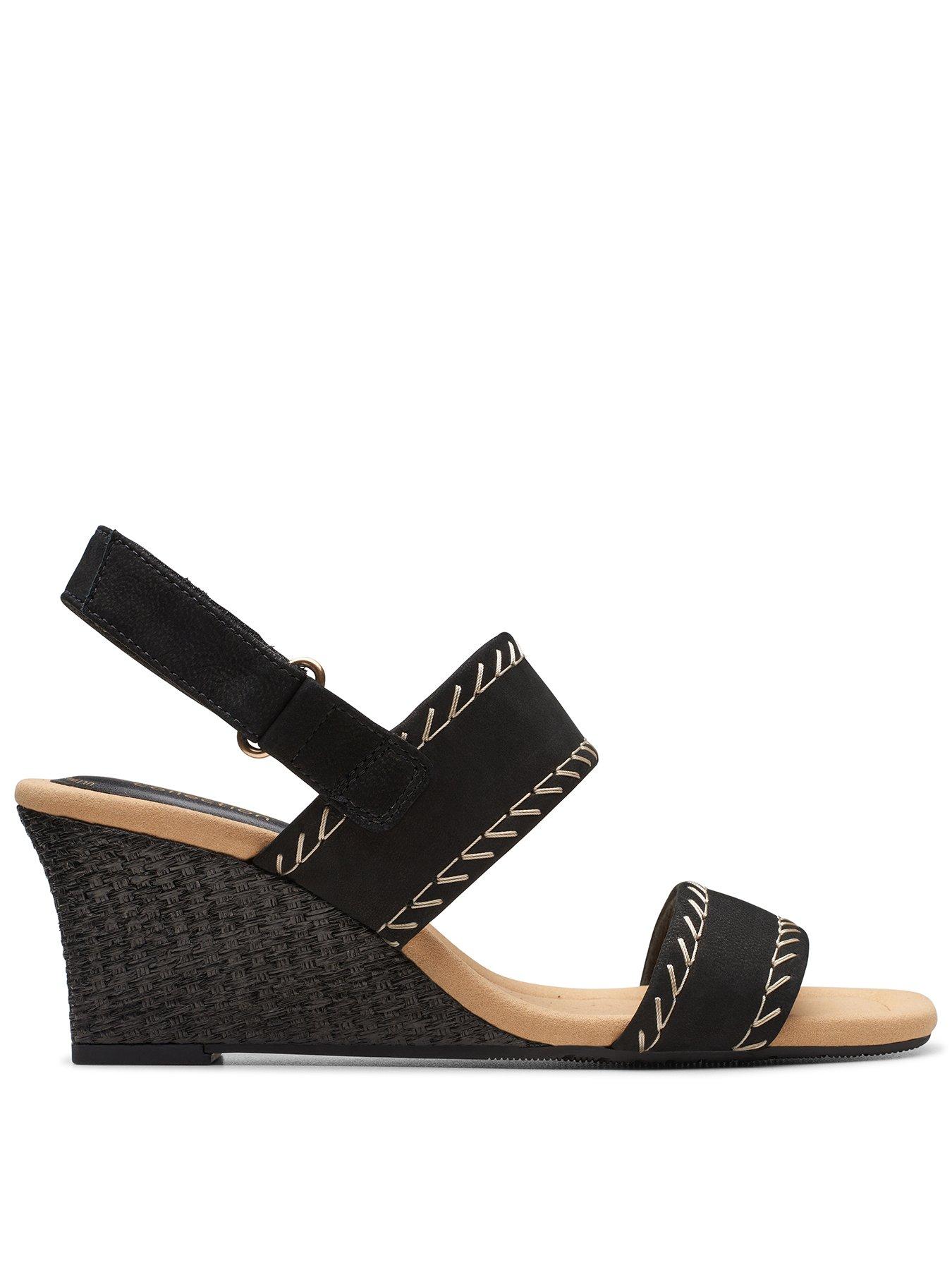 Clarks Kyarra Rose Leather Wedged Heel Sandals - Black | Very.co.uk