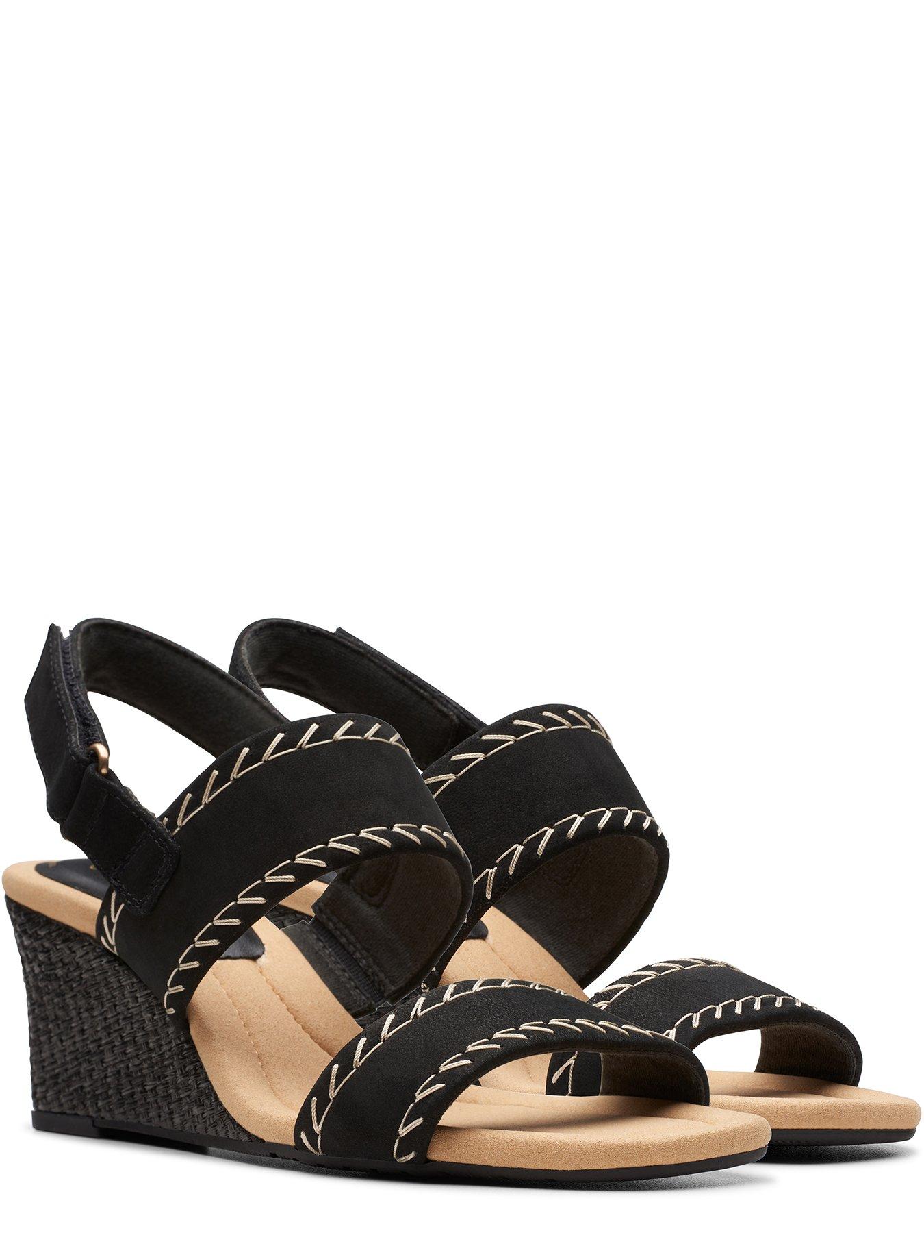 Clarks Kyarra Rose Leather Wedged Heel Sandals - Black | Very.co.uk