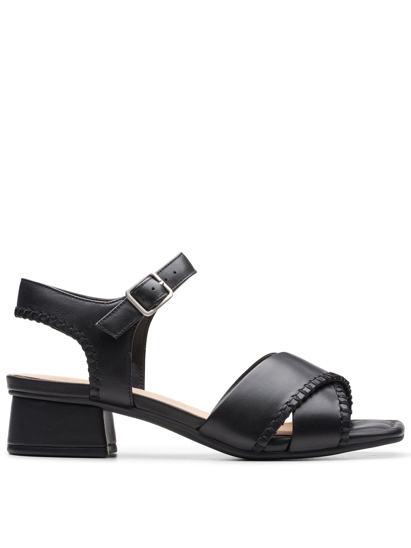 Clarks Serina35 Leather Wide Fitting Cross Front Mid Heel Sandals - Black