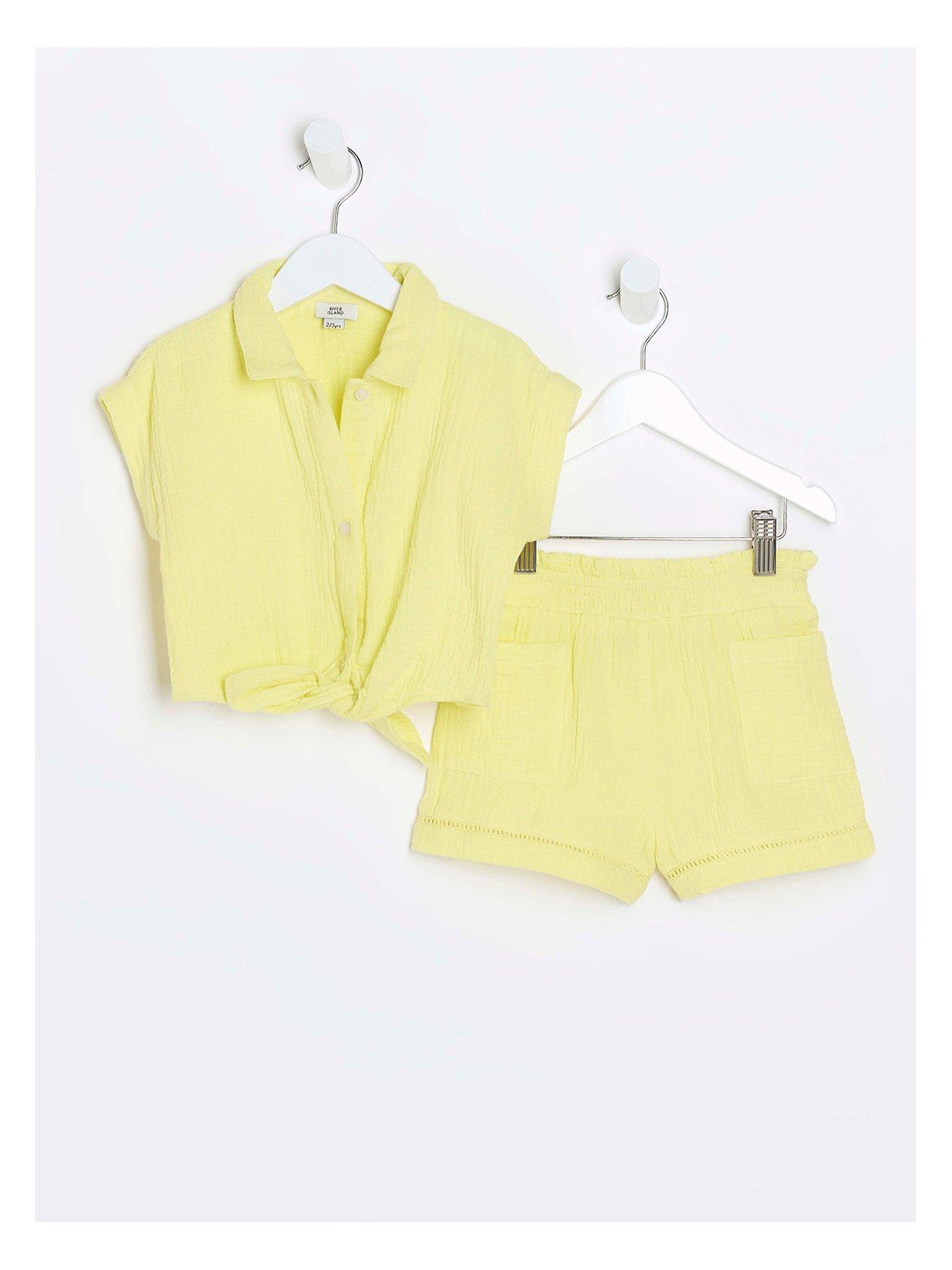 river-island-mini-mini-girls-textured-tie-up-top-set-yellow