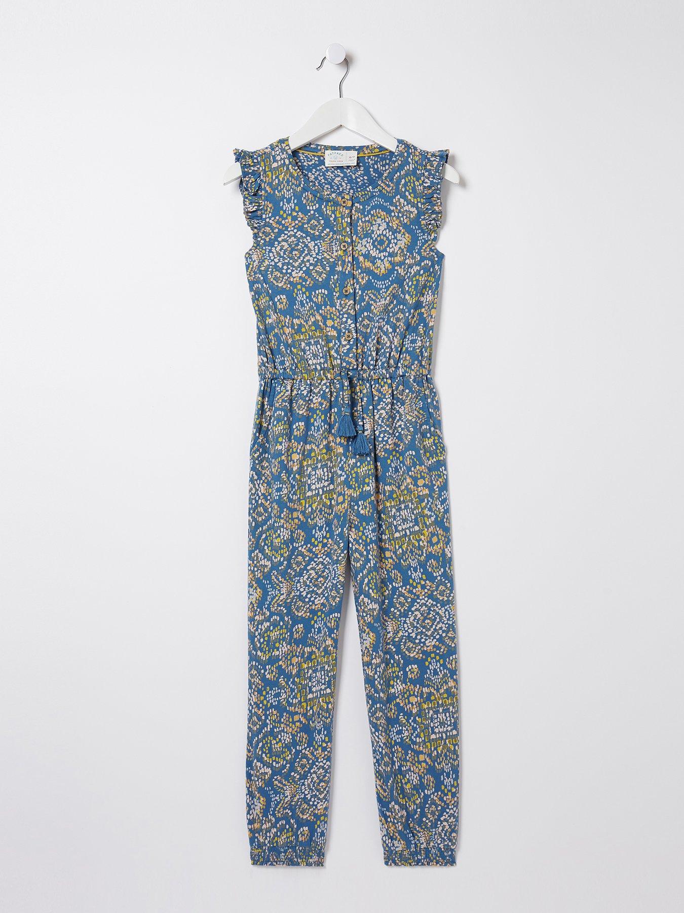 Girls Aztec Printed Jersey Jumpsuit Washed Blue