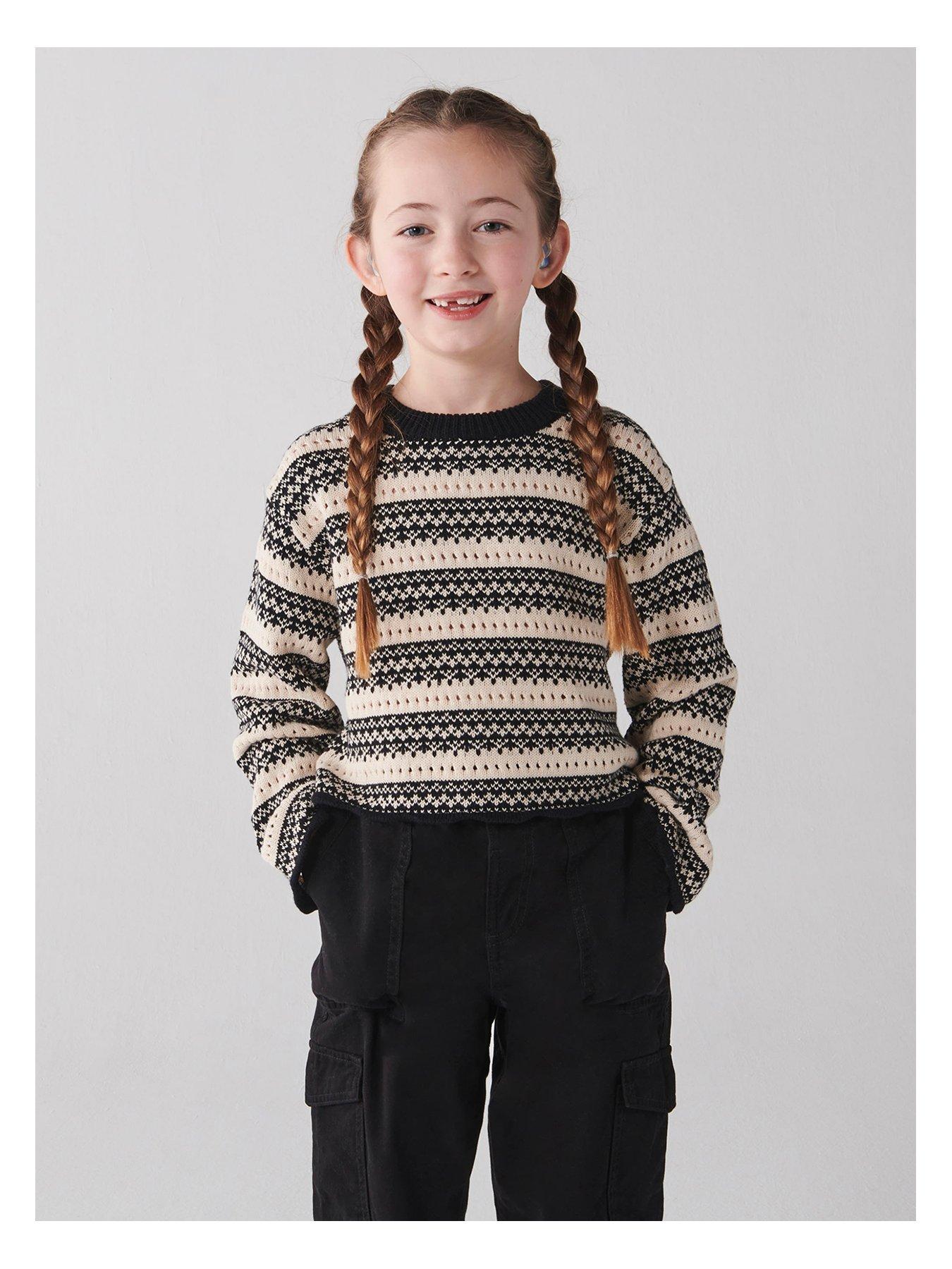 river island girls stripe knitted crop jumper - beige