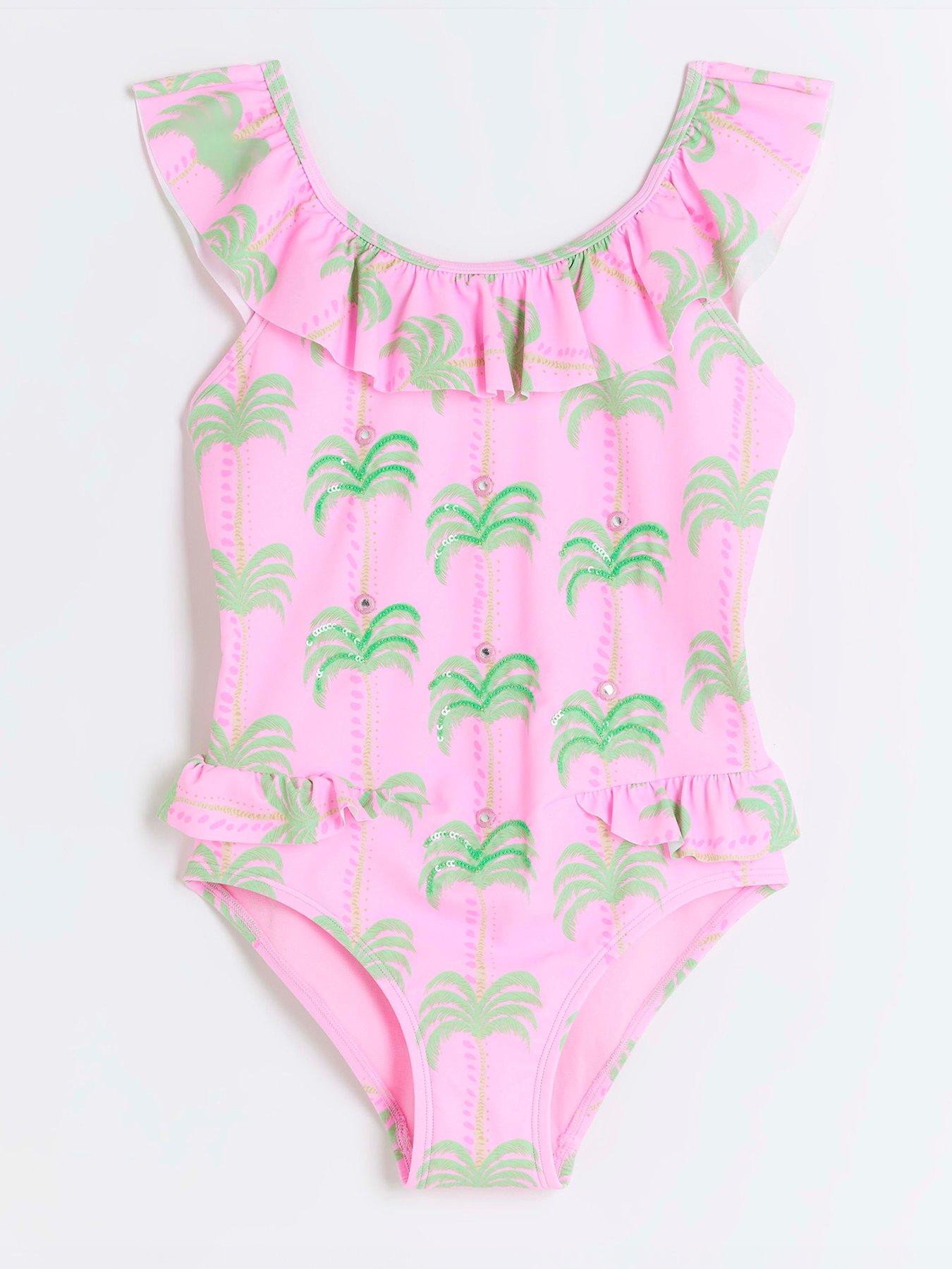 River Island Girls Palm Frill Swimsuit - Pink | Very.co.uk