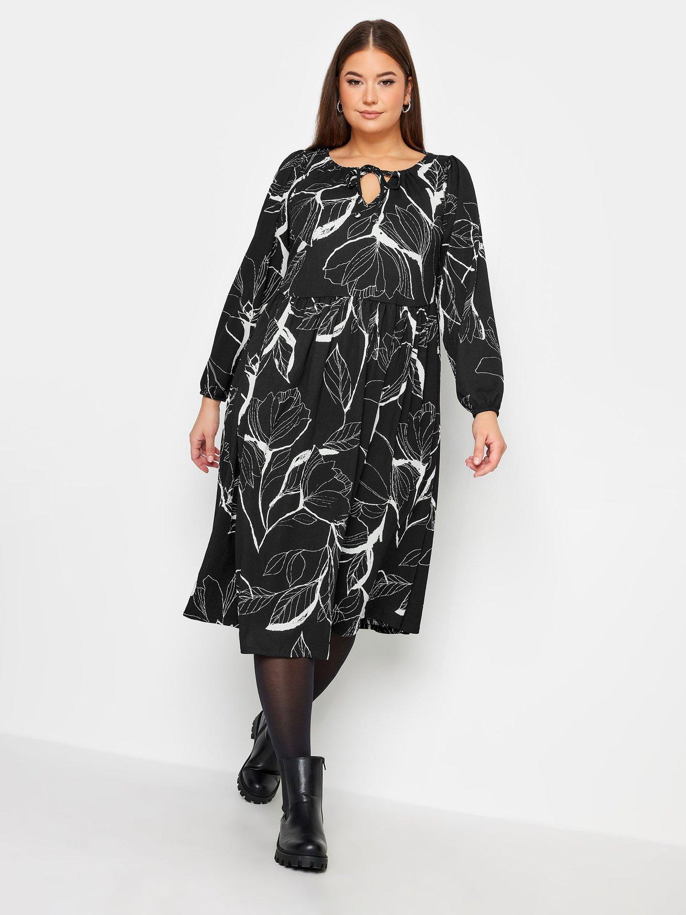 undefined Leaf Print Textured Midaxi Dress - Black