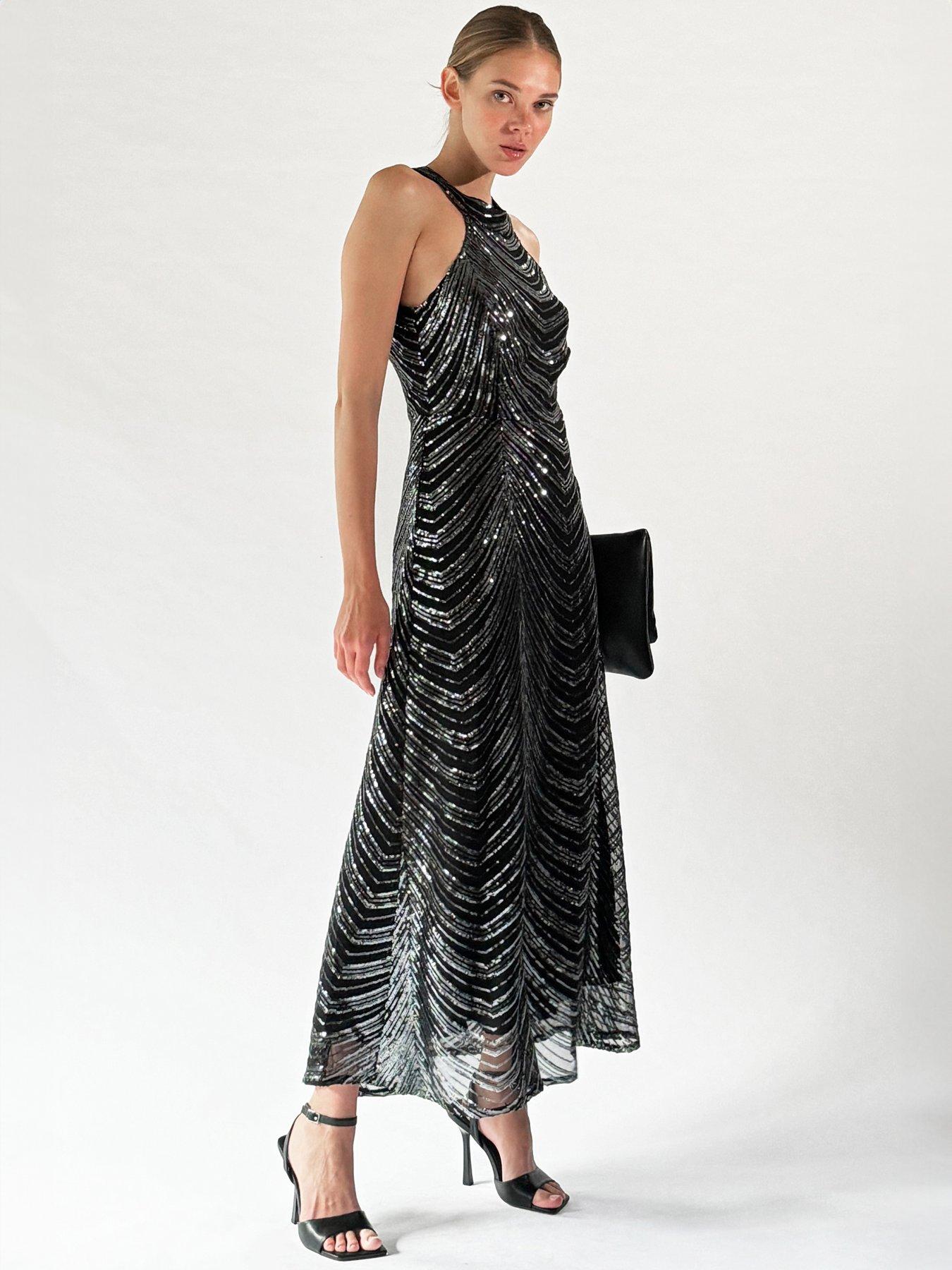 Religion Halterneck Sequin & Maxi Dress - Gunmetal