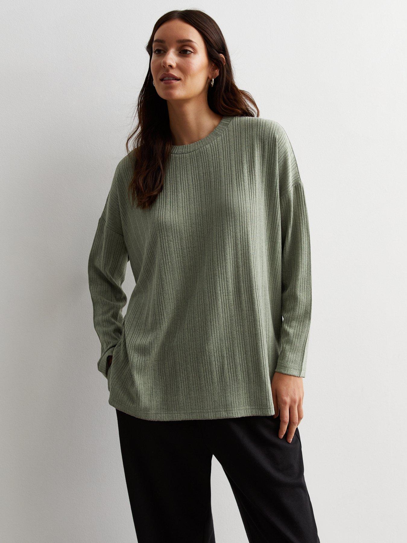 Khaki Ribbed Jersey Scoop Neck Top