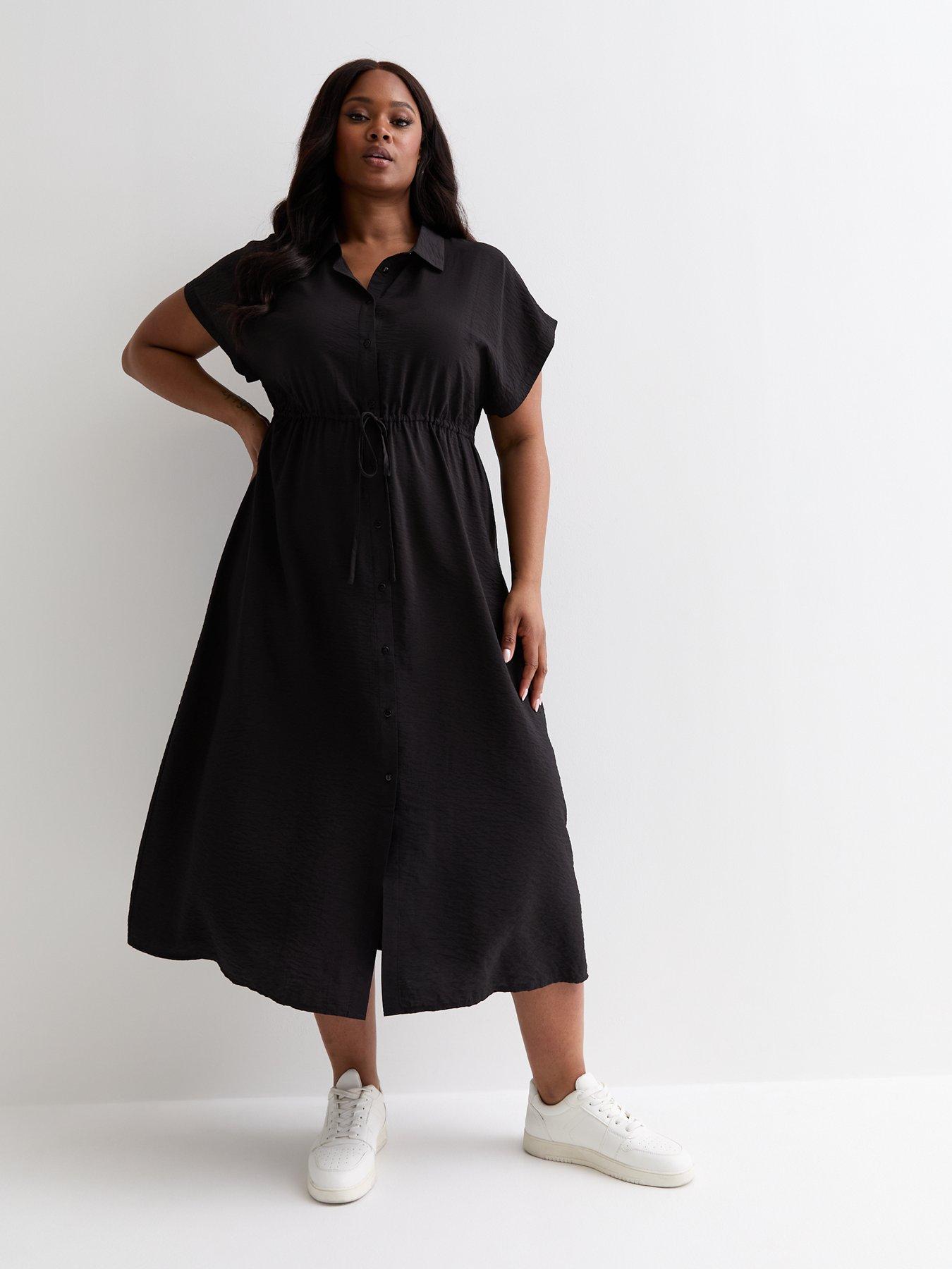 New Look Curves Black Short Sleeve Drawstring Midi Shirt Dress